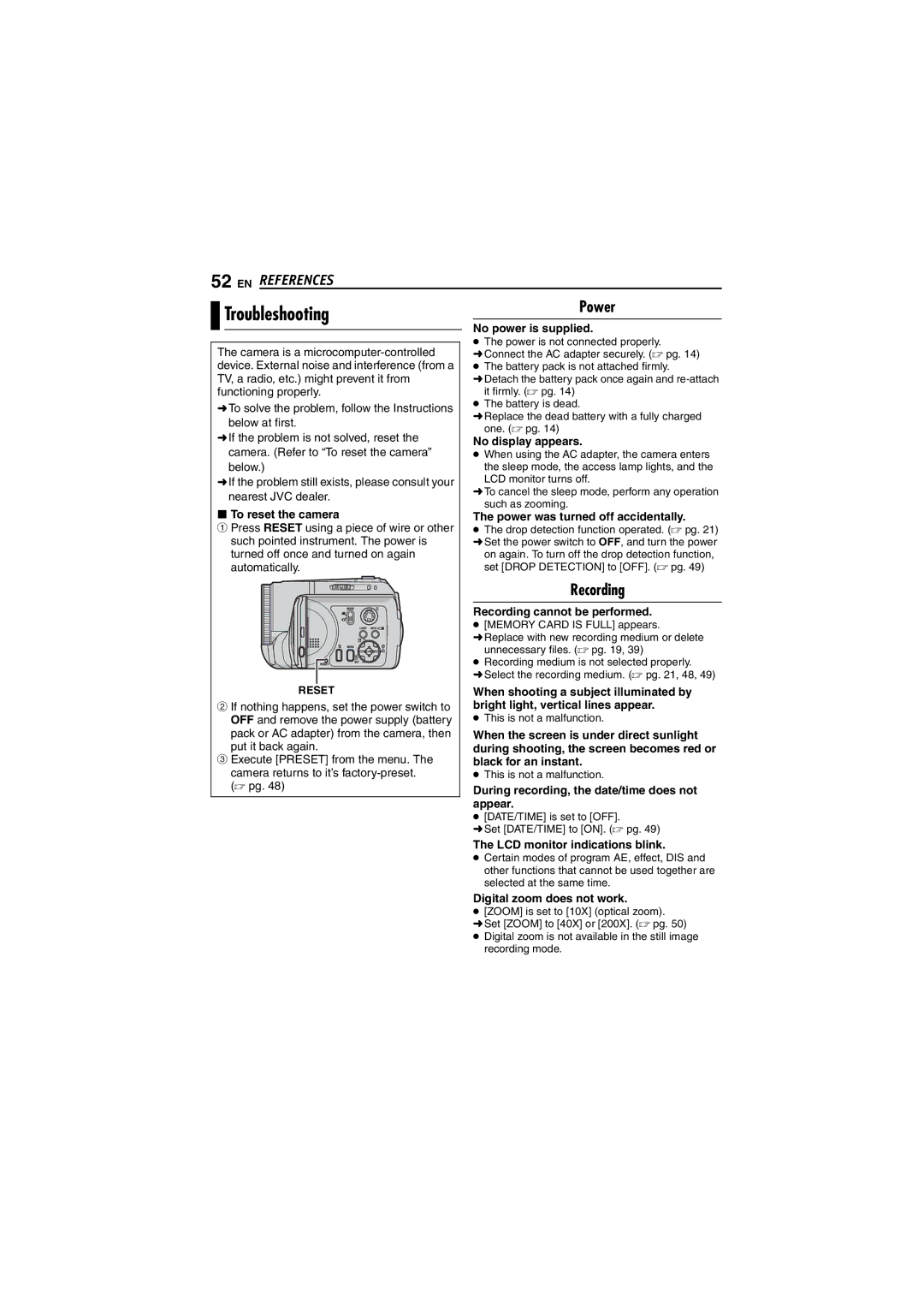 JVC GZ-MG70AH, GZ-MG70AS, GZ-MG70AA, GZ-MG70AG, LYT1496-001A manual Troubleshooting, Power, Recording 