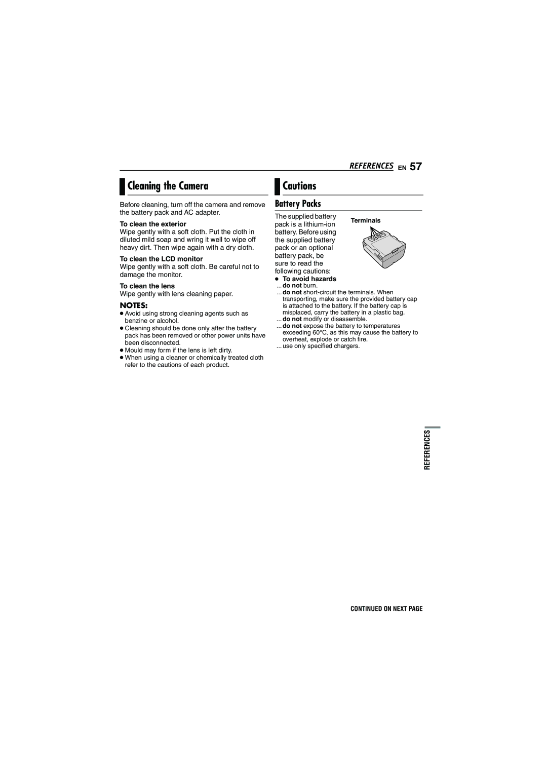 JVC GZ-MG70AH, GZ-MG70AS, GZ-MG70AA, GZ-MG70AG, LYT1496-001A manual Cleaning the Camera, Battery Packs 