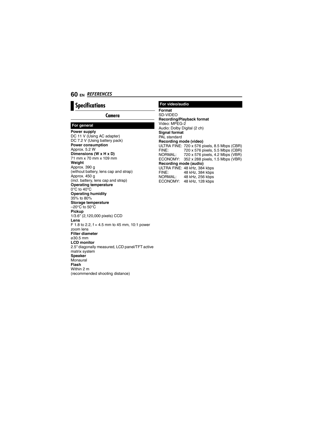 JVC GZ-MG70AS, GZ-MG70AA, GZ-MG70AH, GZ-MG70AG, LYT1496-001A manual Specifications, Camera 