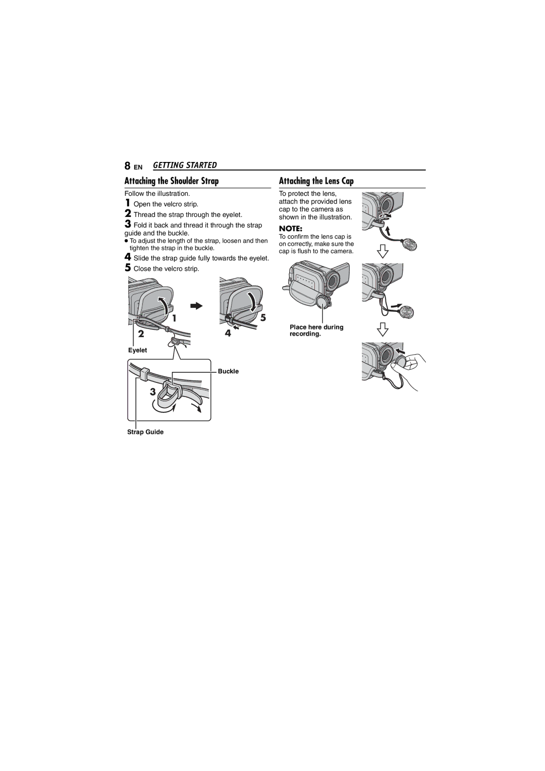 JVC GZ-MG70AG, GZ-MG70AS, GZ-MG70AA, GZ-MG70AH, LYT1496-001A manual Attaching the Shoulder Strap, Attaching the Lens Cap 