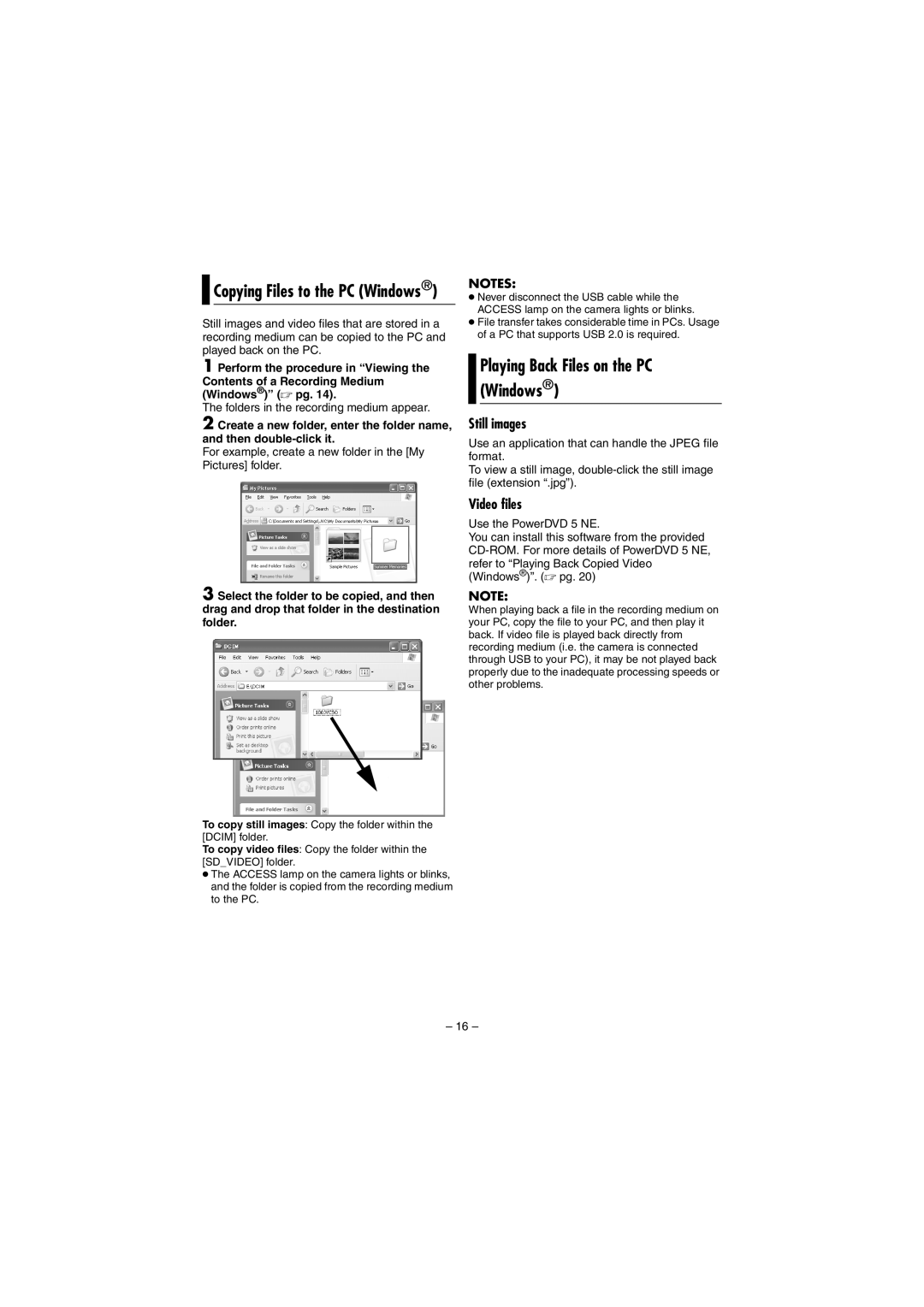 JVC GZ-MG70AS, GZ-MG70AA Playing Back Files on the PC Windows, Copying Files to the PC Windows, Still images, Video files 