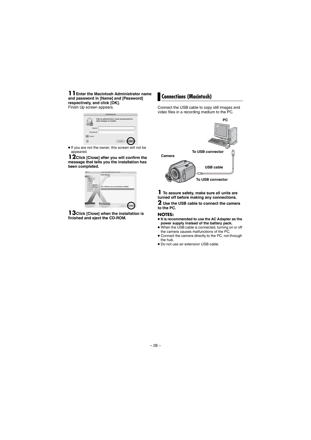 JVC GZ-MG70AH, GZ-MG70AS, GZ-MG70AA, GZ-MG70AG, LYT1496-001A manual Connections Macintosh, Finish Up screen appears 