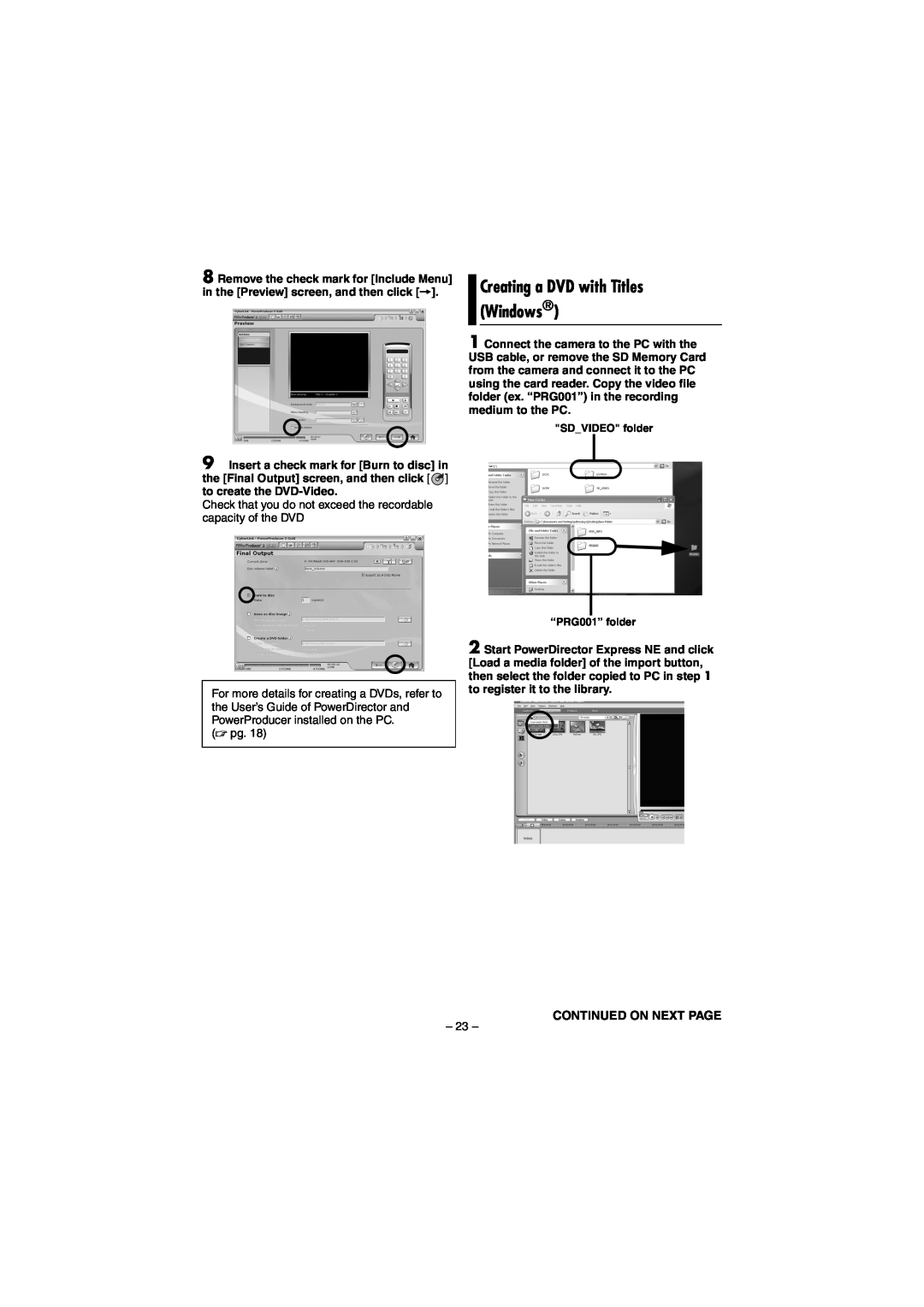 JVC GZ-MG70AH, GZ-MG70AS, GZ-MG70AA, GZ-MG70AG, LYT1496-001A Creating a DVD with Titles Windows, Continued On Next Page,  pg 