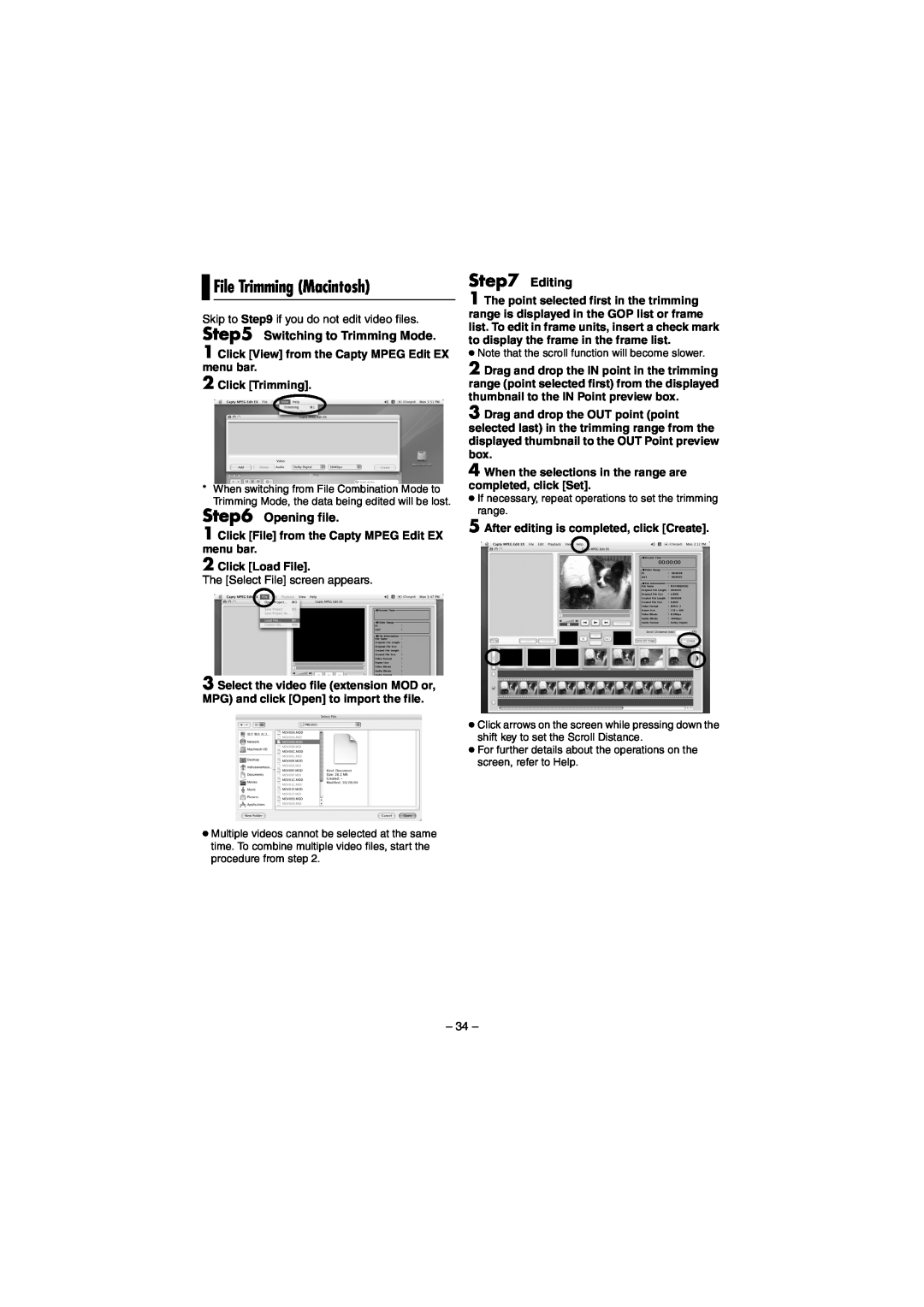 JVC GZ-MG70AG manual File Trimming Macintosh, Editing, Click View from the Capty MPEG Edit EX menu bar 2 Click Trimming 