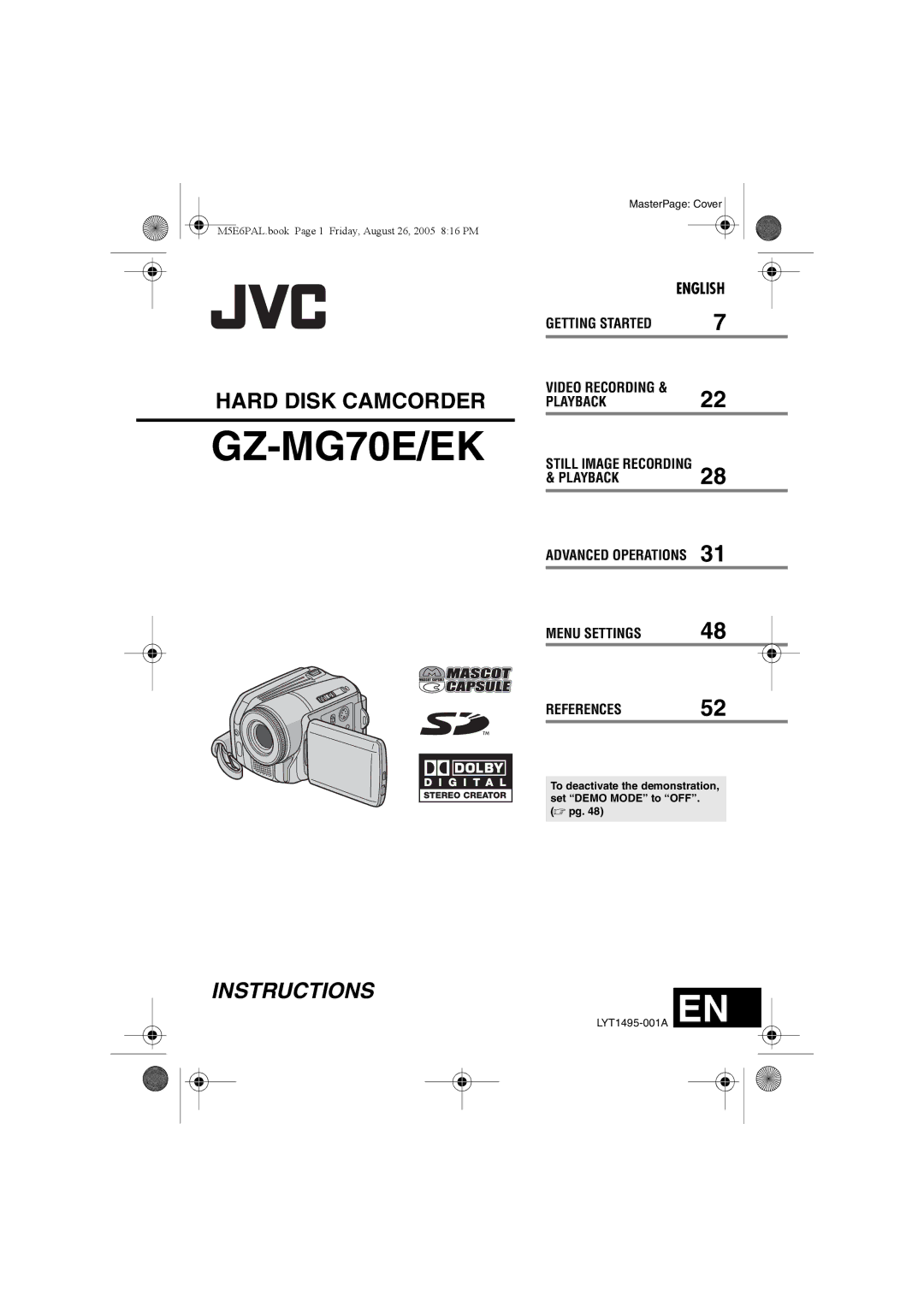 JVC GZ-MG70EK manual GZ-MG70E/EK, To deactivate the demonstration, set Demo Mode to OFF.  pg 