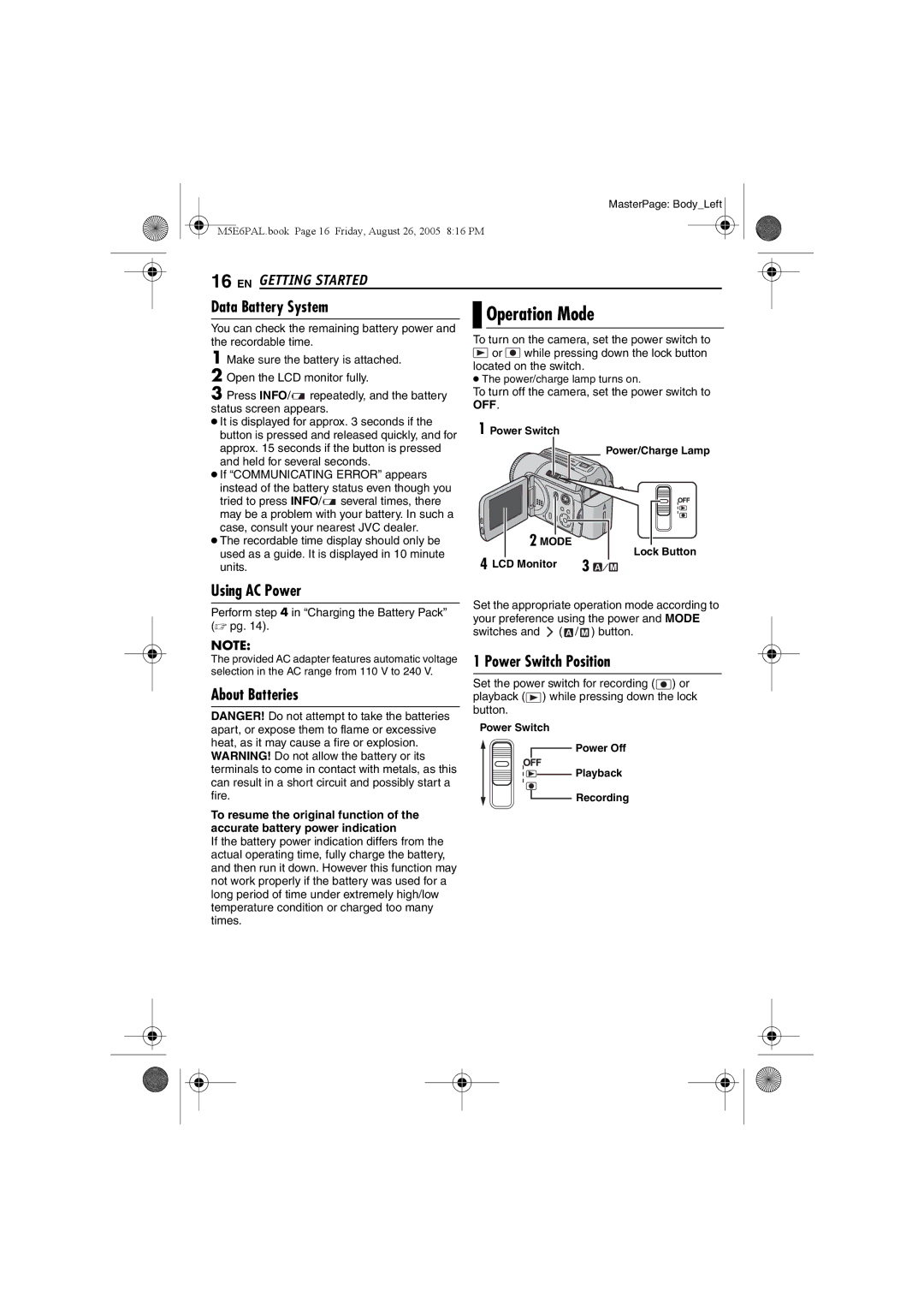 JVC GZ-MG70EK manual Operation Mode, Data Battery System, Using AC Power, About Batteries 