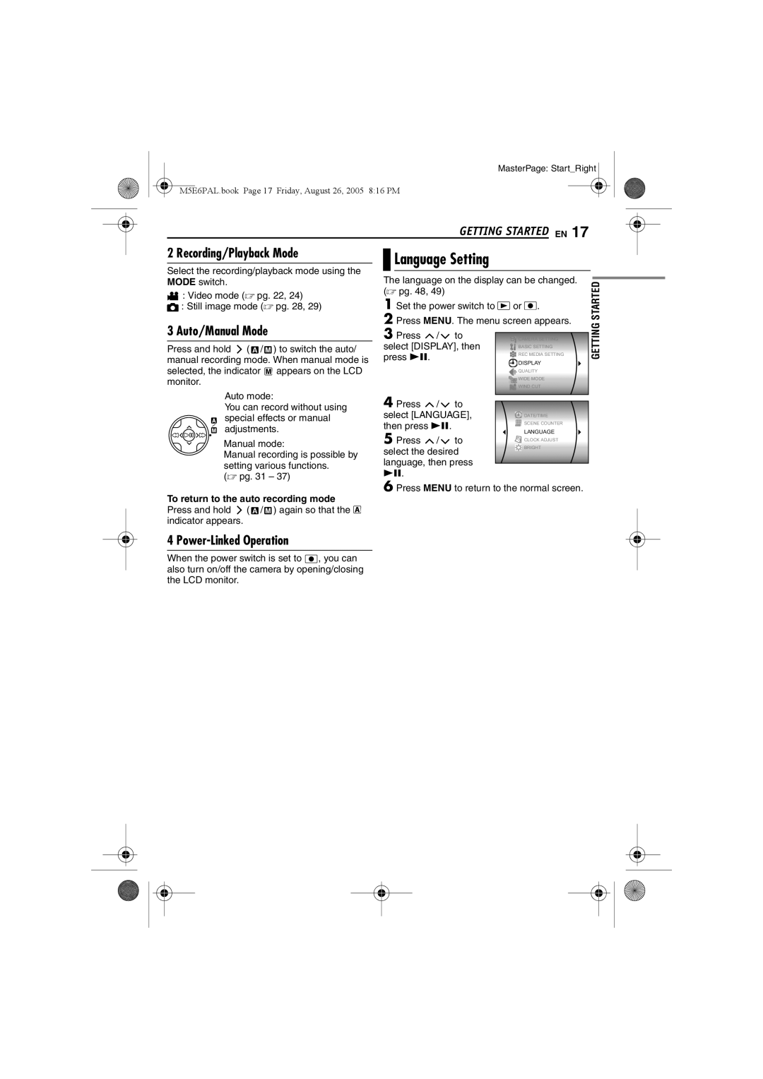 JVC GZ-MG70EK manual Recording/Playback Mode, Power-Linked Operation, Language Setting 