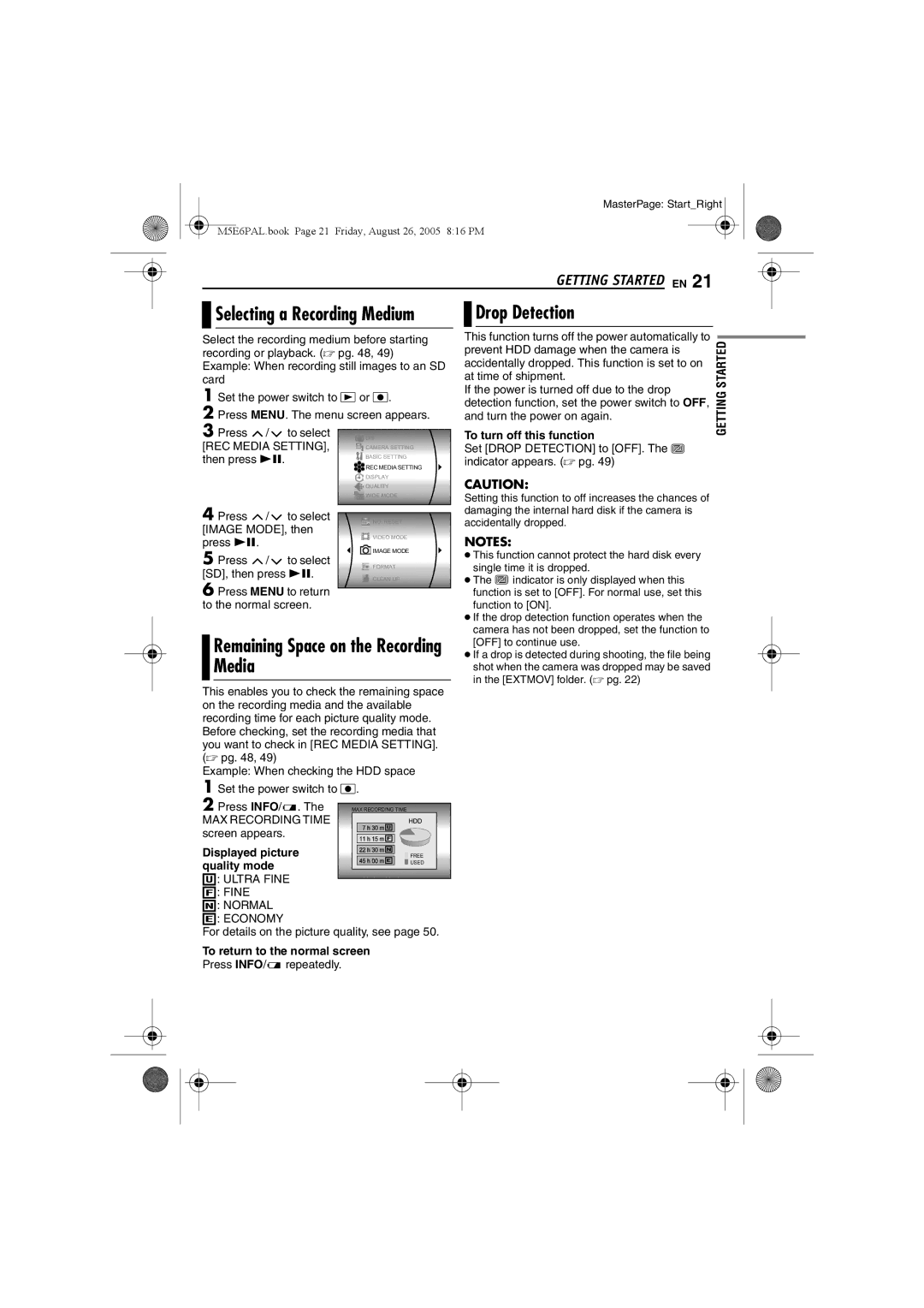 JVC GZ-MG70EK manual Drop Detection, Remaining Space on the Recording Media, Selecting a Recording Medium 