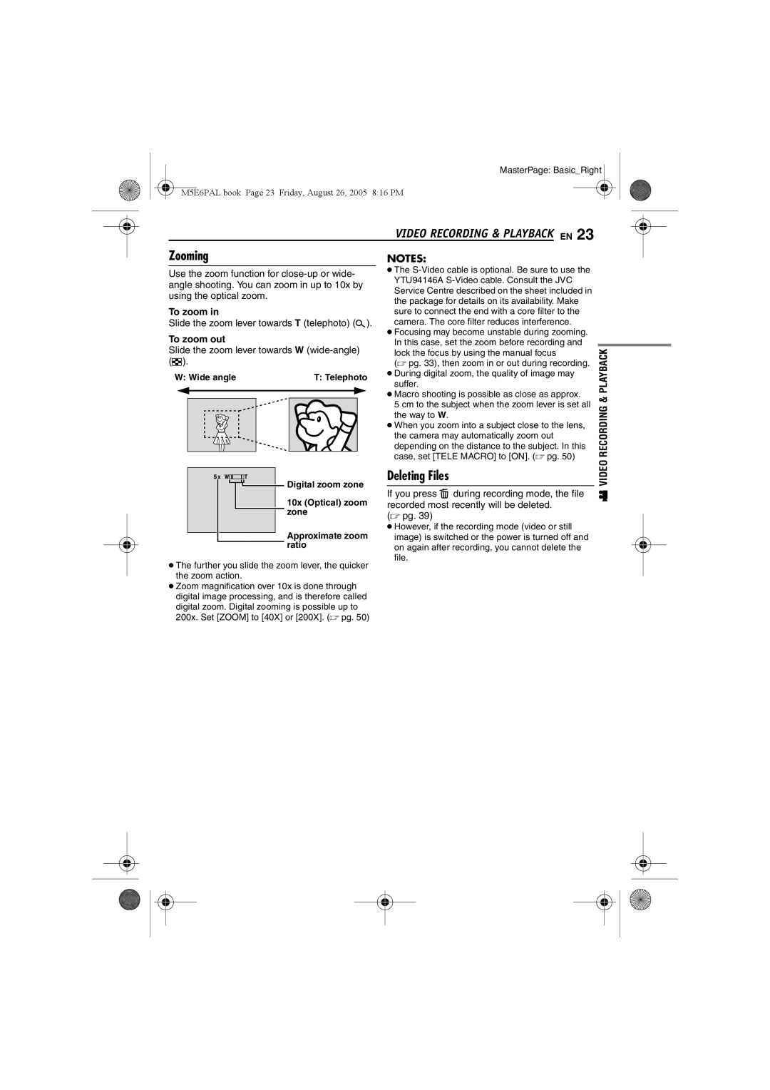 JVC GZ-MG70EK manual Zooming, Deleting Files, To zoom out 