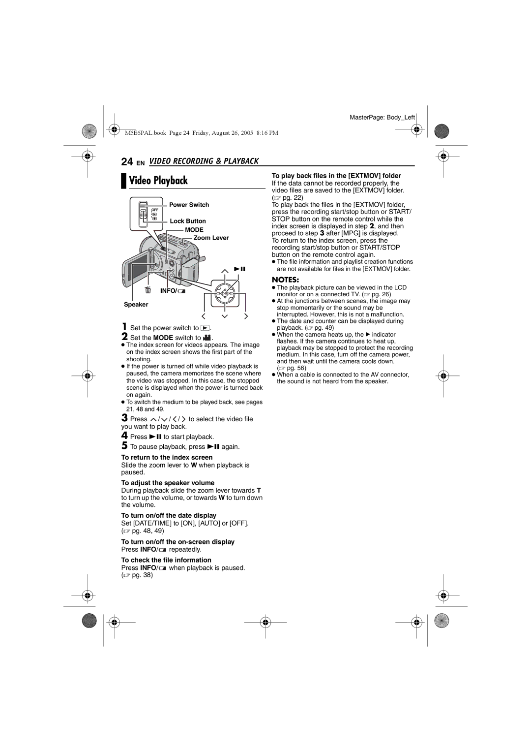 JVC GZ-MG70EK manual Video Playback, To play back files in the Extmov folder, To return to the index screen 