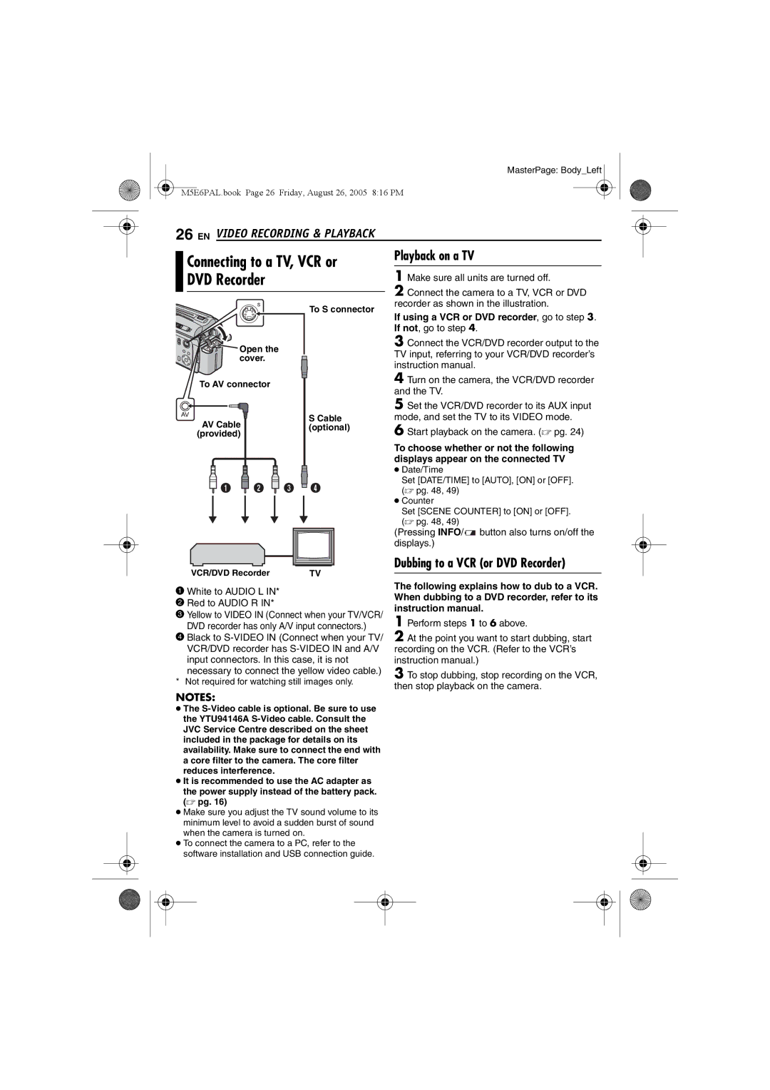 JVC GZ-MG70EK manual Connecting to a TV, VCR or, Playback on a TV, Dubbing to a VCR or DVD Recorder 