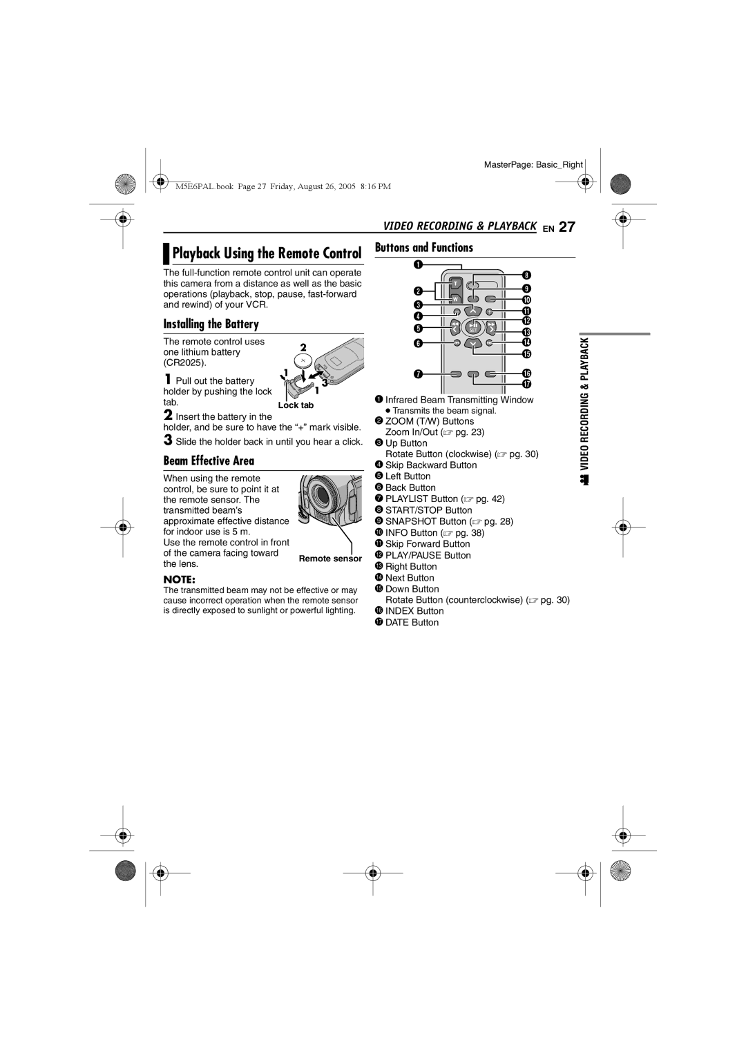 JVC GZ-MG70EK manual Playback Using the Remote Control Buttons and Functions, Beam Effective Area, Installing the Battery 