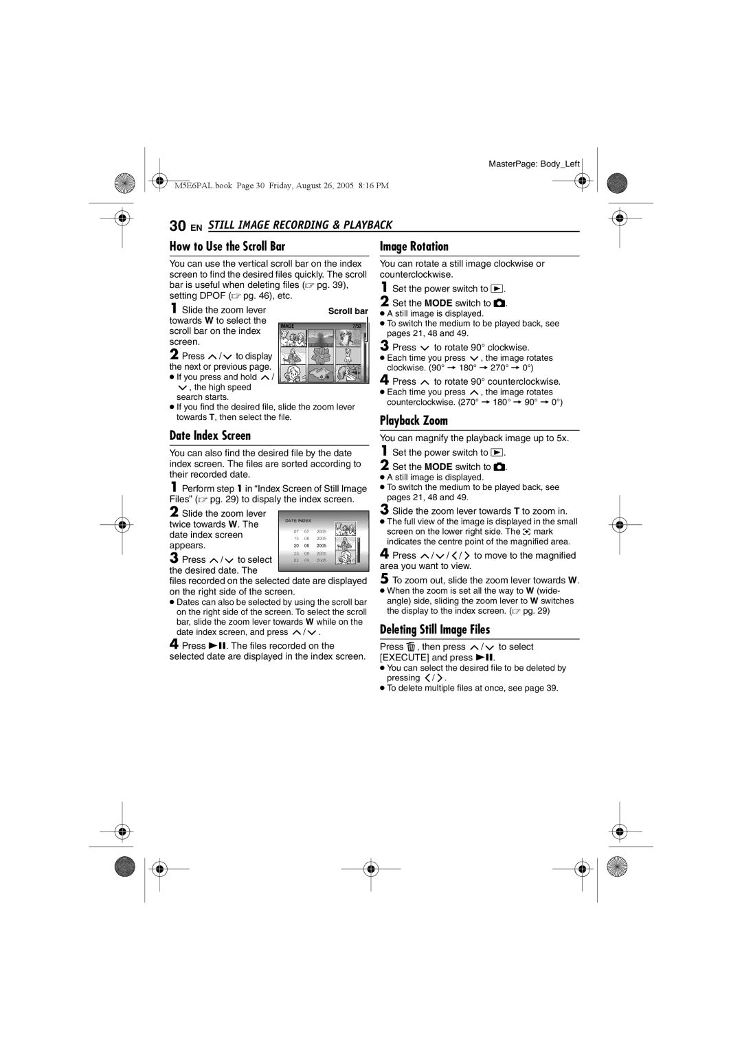 JVC GZ-MG70EK manual Playback Zoom Date Index Screen, Deleting Still Image Files 