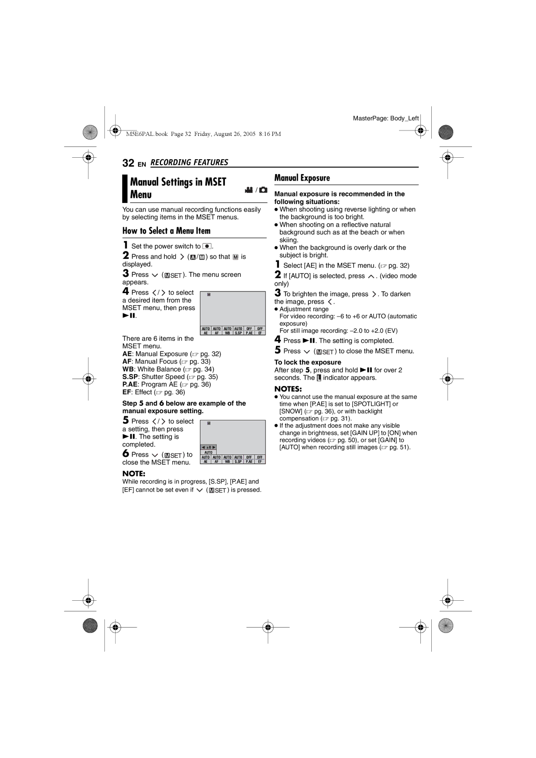 JVC GZ-MG70EK manual EN Recording Features, Manual Exposure Menu, Manual Settings in Mset 