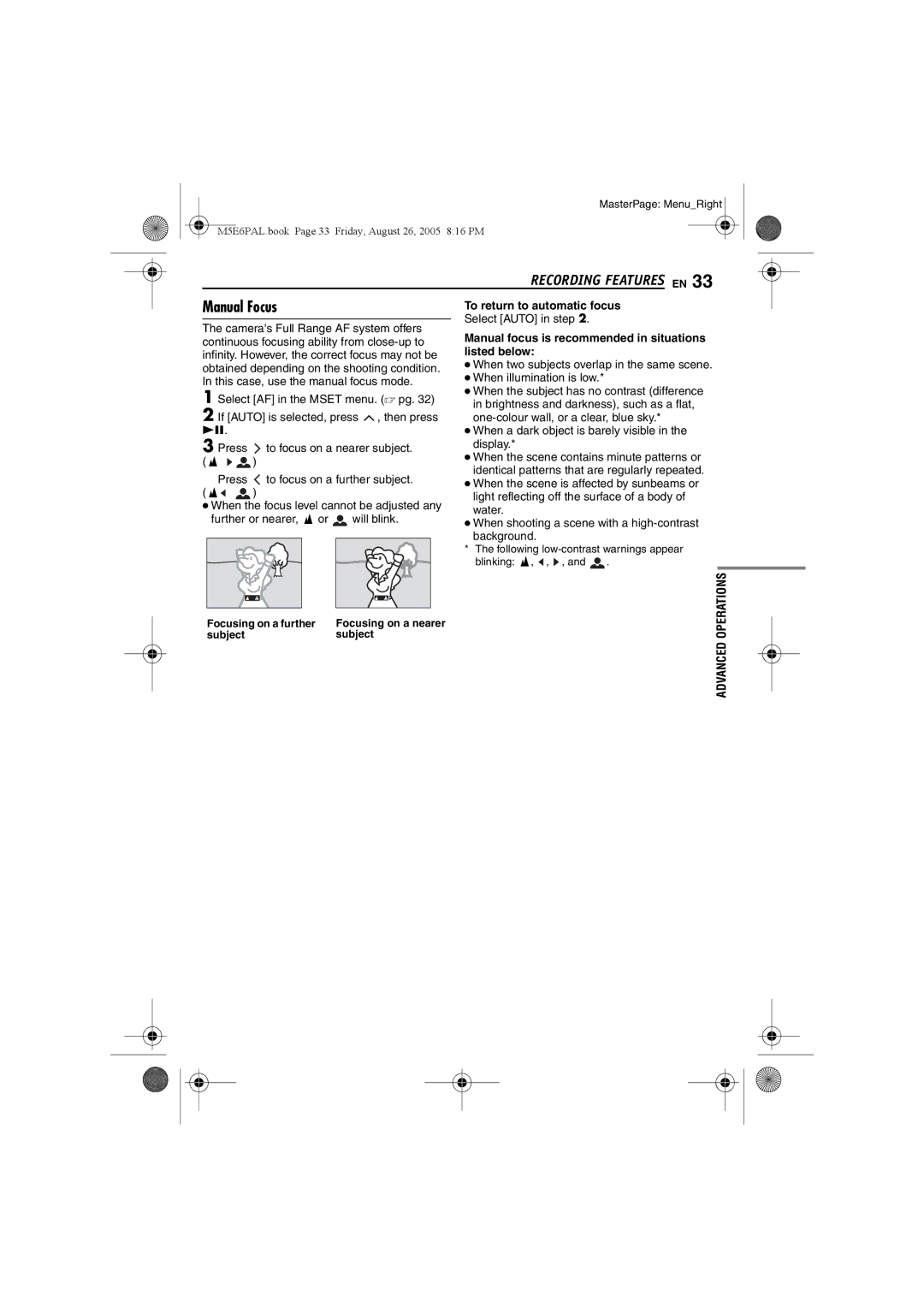 JVC GZ-MG70EK manual Manual Focus, Recording Features EN, To return to automatic focus 