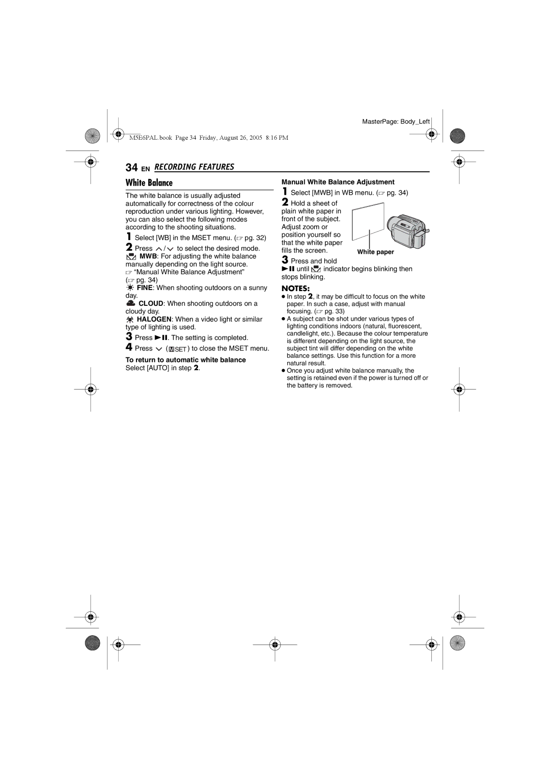 JVC GZ-MG70EK manual Cloud When shooting outdoors on a, Halogen When a video light or similar, Type of lighting is used 