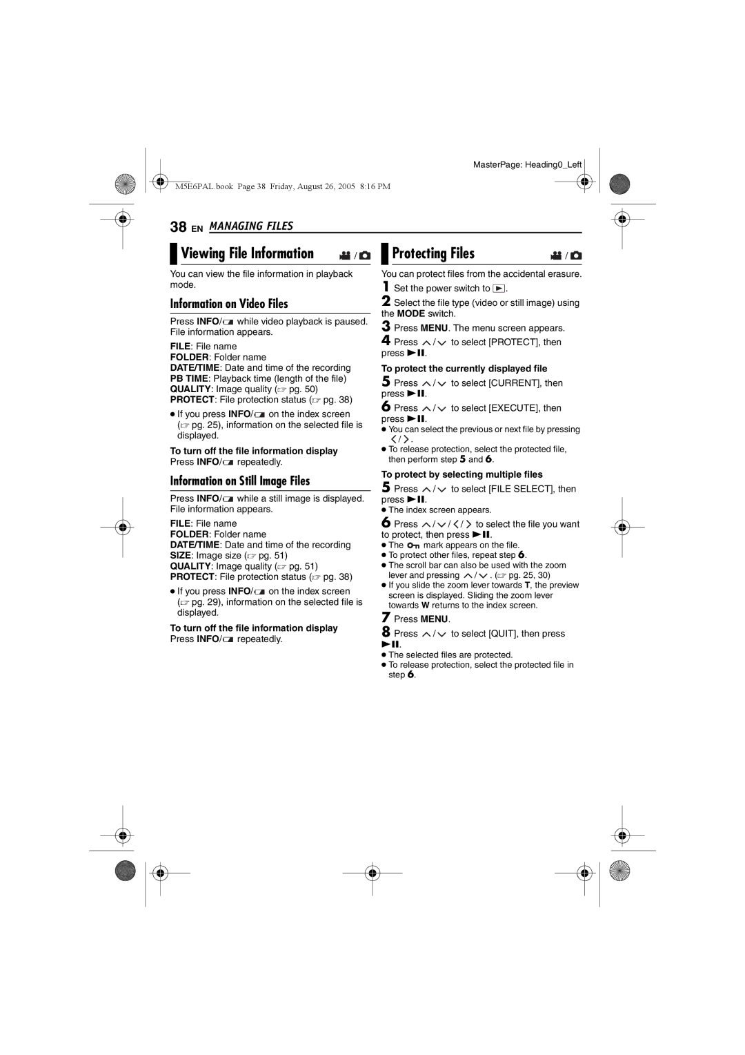 JVC GZ-MG70EK manual EN Managing Files, Information on Video Files, Protecting Files, Information on Still Image Files 