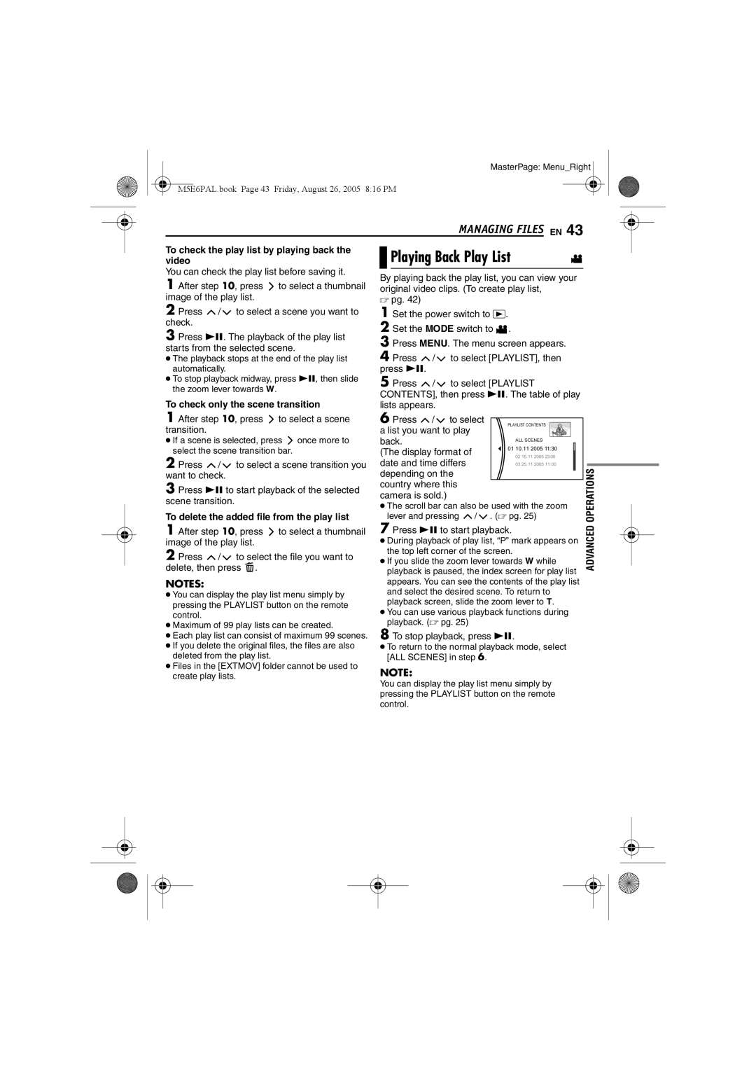 JVC GZ-MG70EK manual To check the play list by playing back, Video, To check only the scene transition 