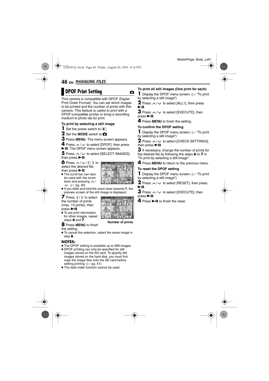 JVC GZ-MG70E manual Dpof Print Setting, To print all still images One print for each, To print by selecting a still image 