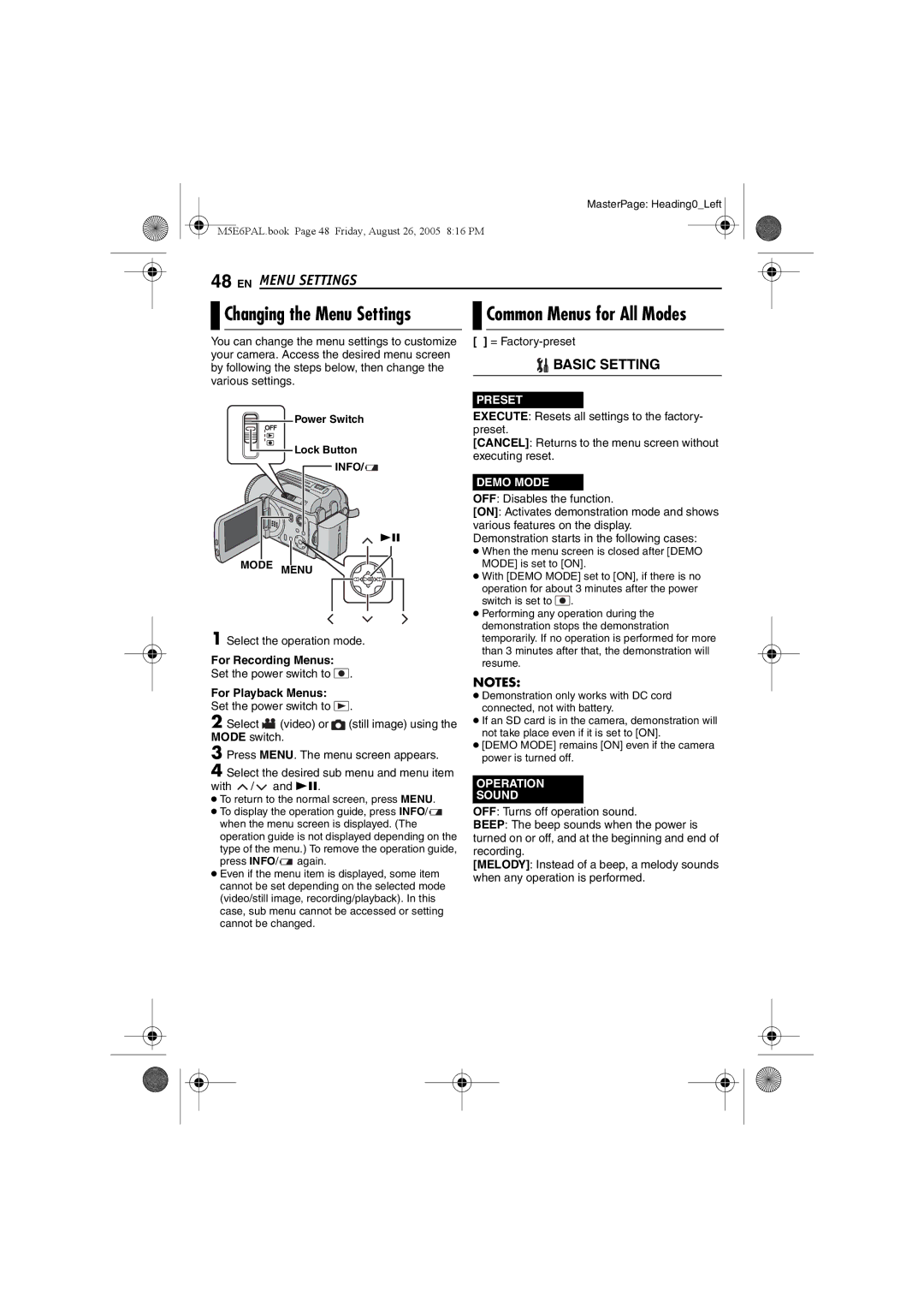 JVC GZ-MG70EK manual EN Menu Settings, Common Menus for All Modes, Select the operation mode, For Recording Menus 