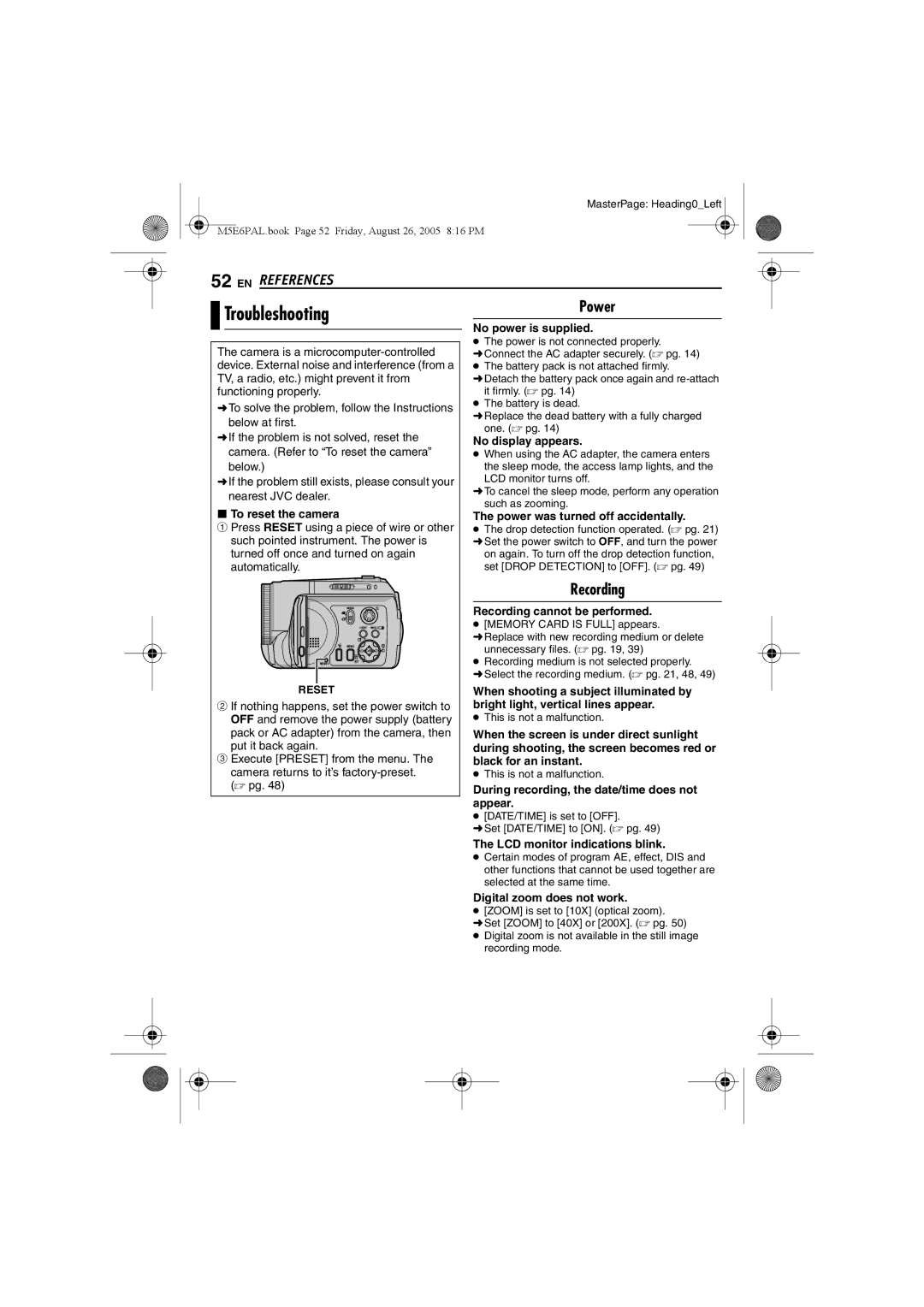 JVC GZ-MG70EK manual Troubleshooting, EN References, Power, Recording 