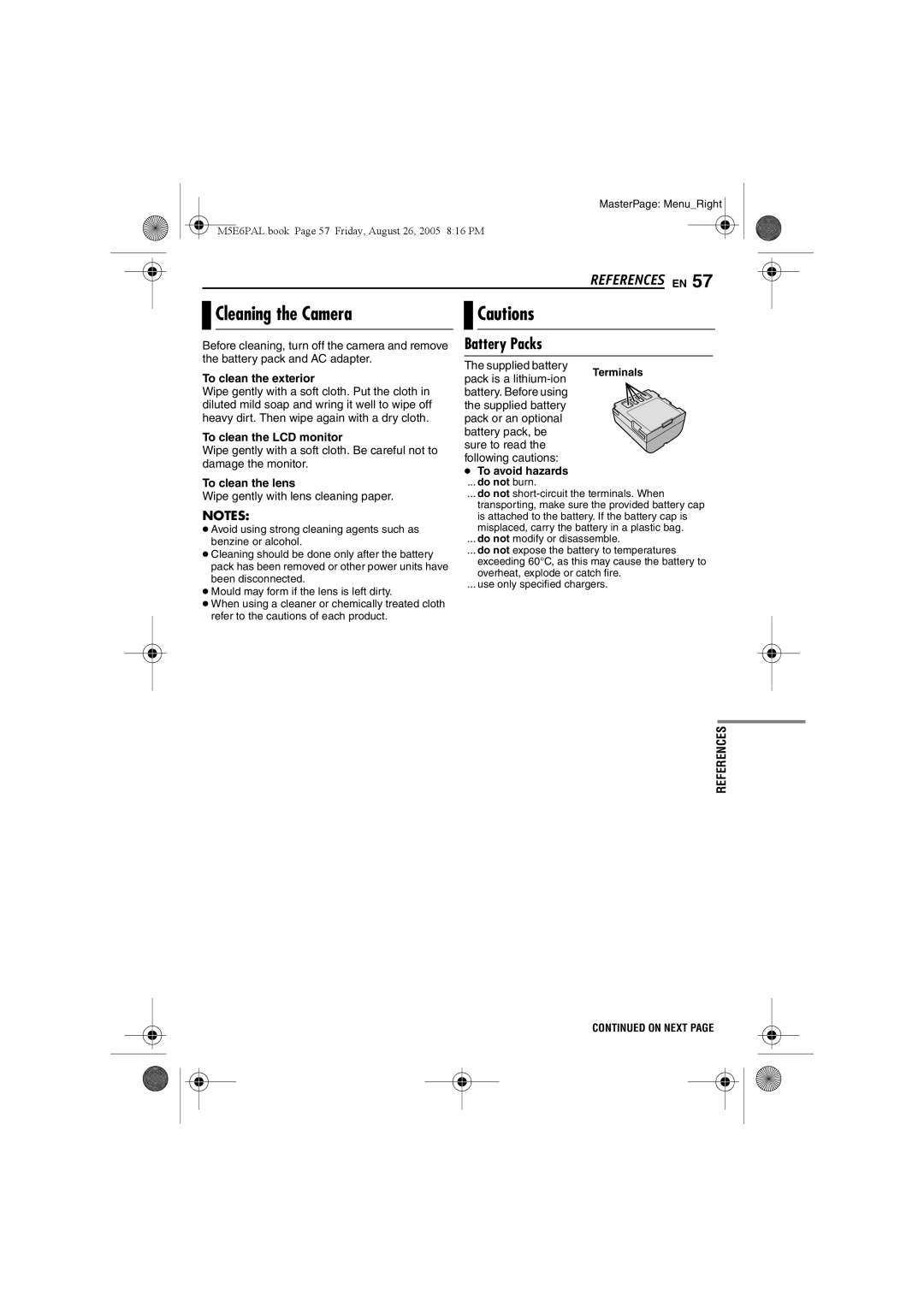 JVC GZ-MG70EK manual Cleaning the Camera, Battery Packs 