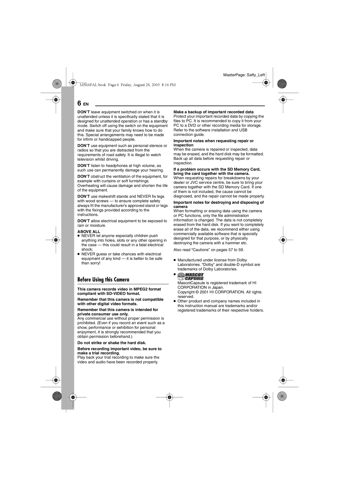 JVC GZ-MG70EK manual Before Using this Camera, Above ALL 