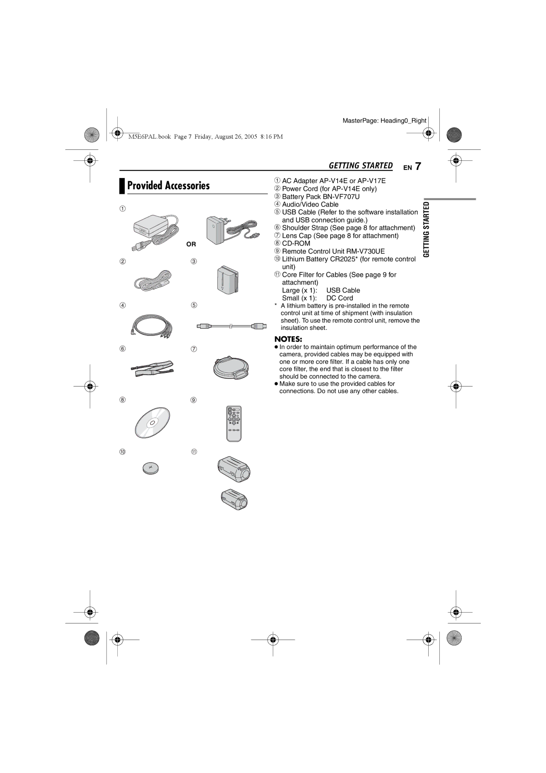 JVC GZ-MG70EK manual Provided Accessories, Getting Started EN, Lens Cap See page 8 for attachment 