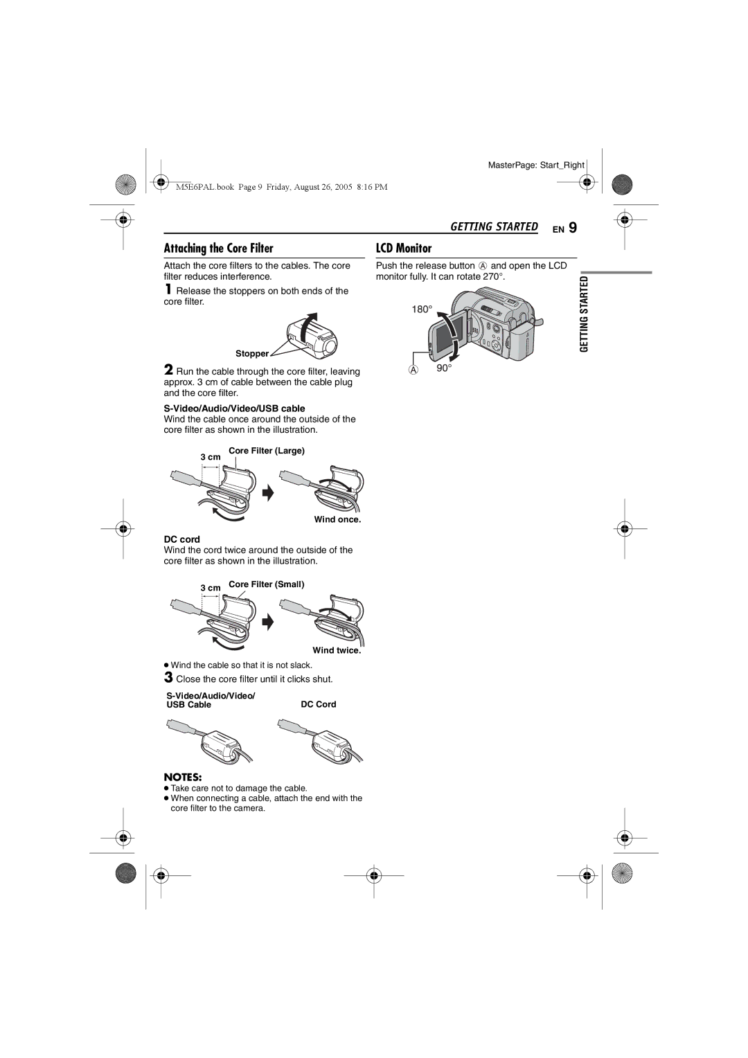 JVC GZ-MG70EK Attaching the Core Filter, Video/Audio/Video/USB cable, DC cord, Close the core filter until it clicks shut 