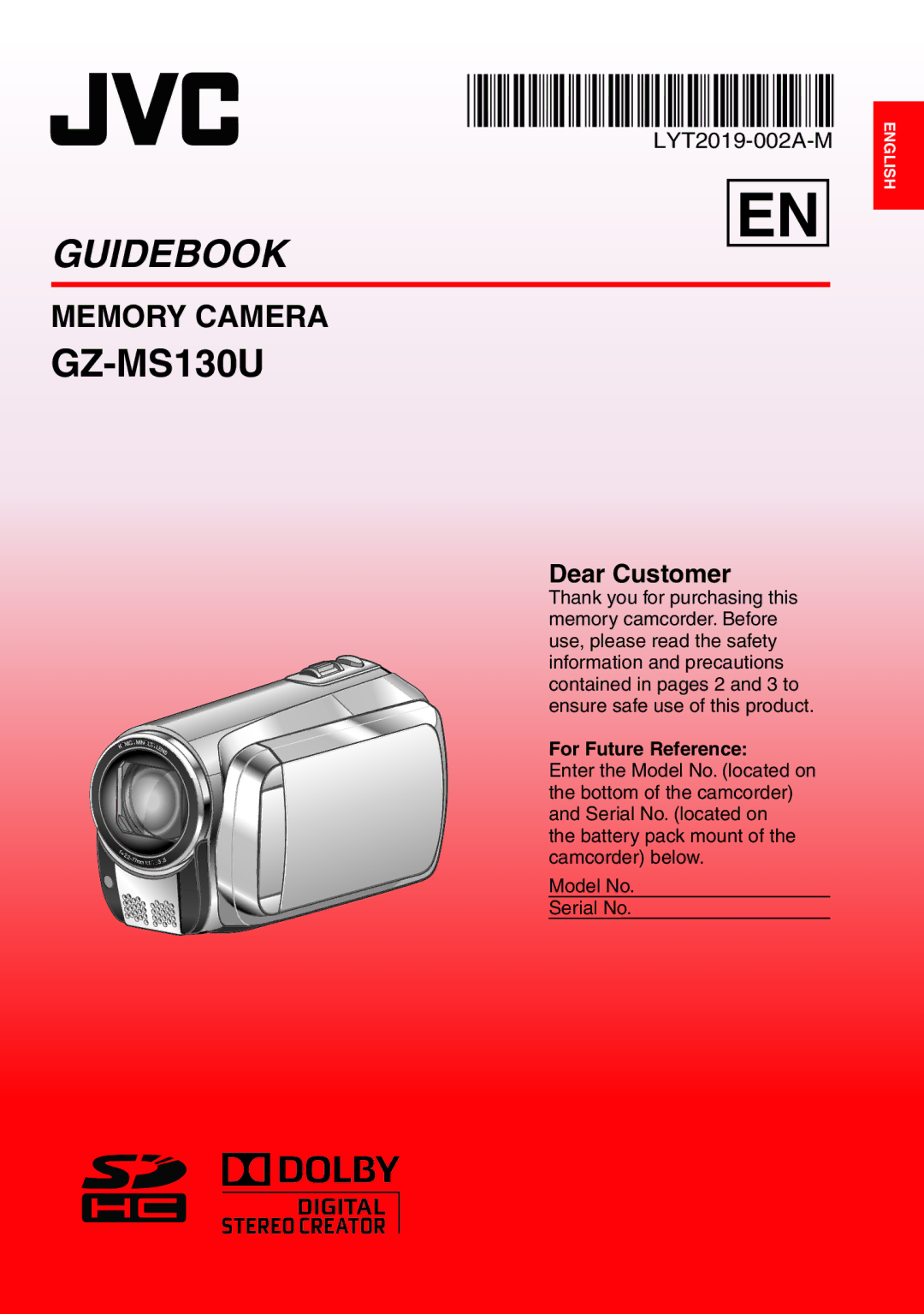 JVC GZ-MS130BU manual For Future Reference, Battery pack mount of the camcorder below Model No Serial No 