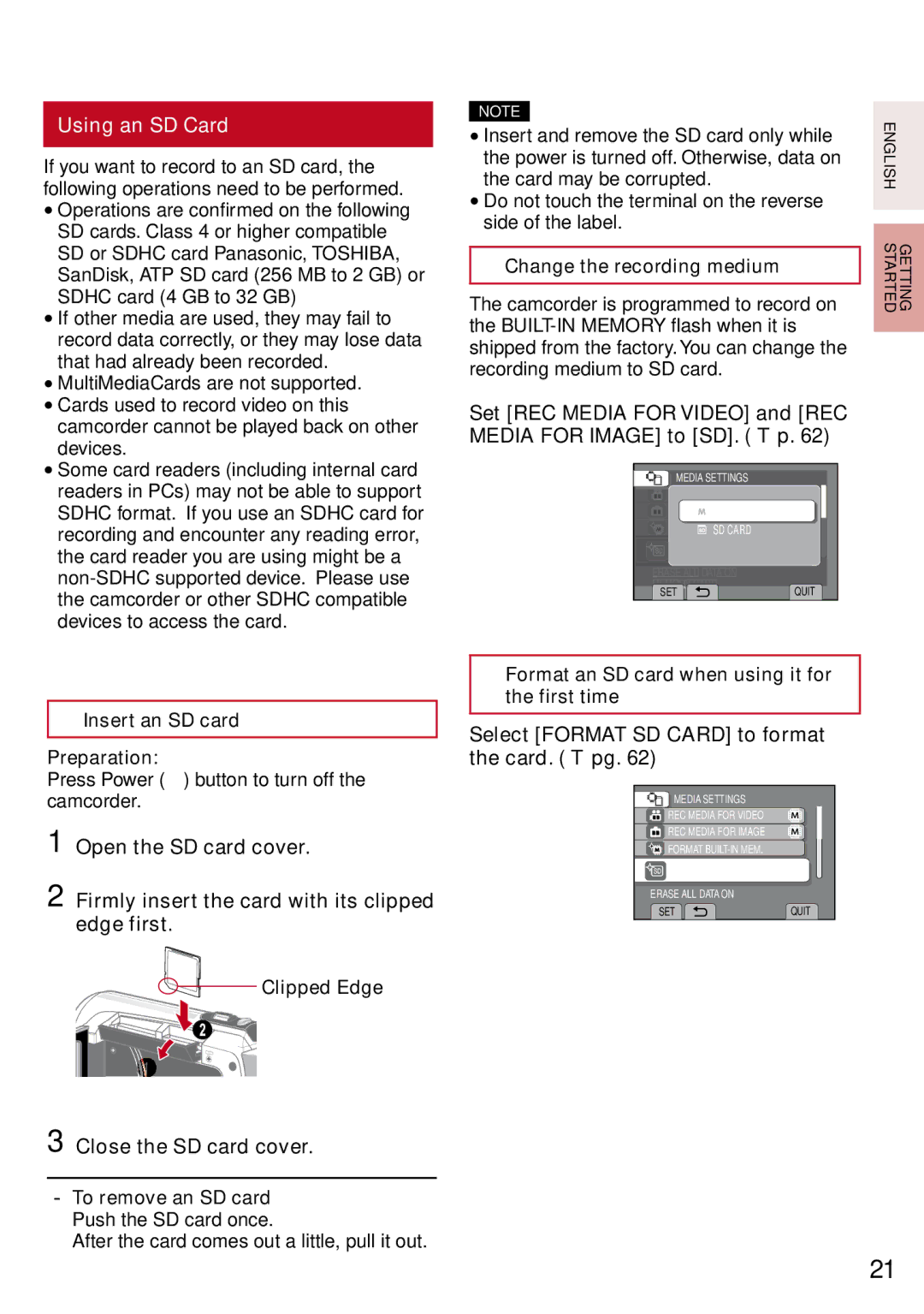 JVC GZ-MS130BU manual Using an SD Card, Set REC Media for Video and REC Media for Image to SD. p, Close the SD card cover 