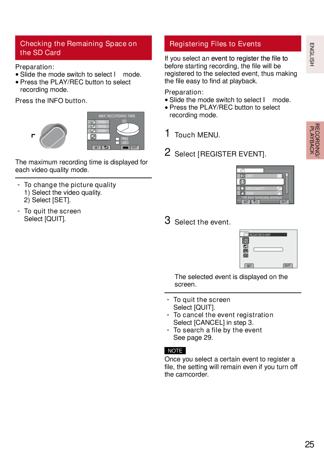 JVC GZ-MS130BU Checking the Remaining Space on the SD Card, Registering Files to Events, Touch Menu Select Register Event 