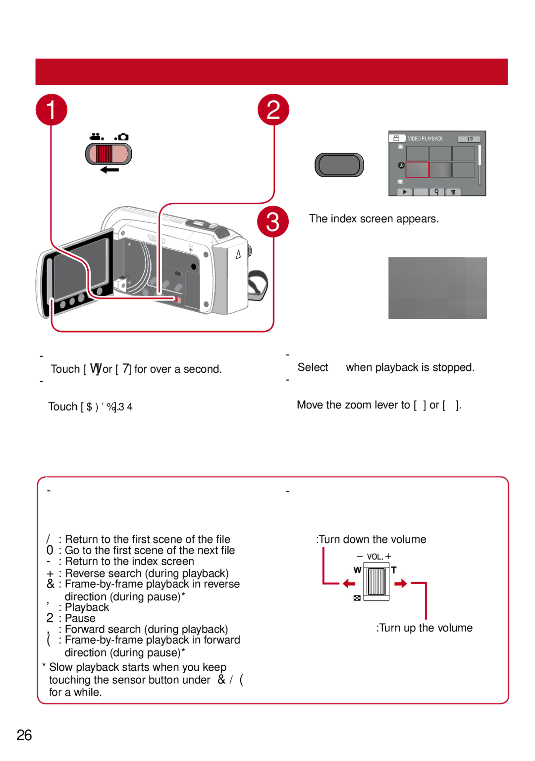 JVC GZ-MS130BU Playing Back Files, Video Playback, Press PLAY/REC to select the playback mode, Select the desired file 