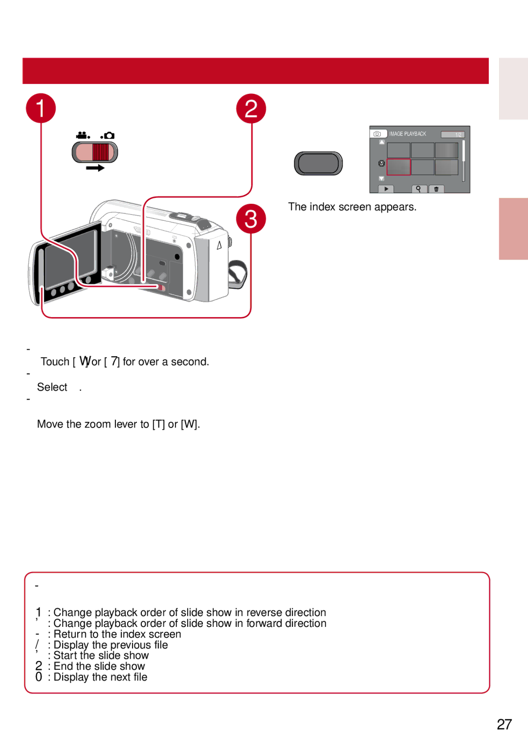 JVC GZ-MS130BU manual Still Image Playback, Slide the mode switch to select # still image mode 