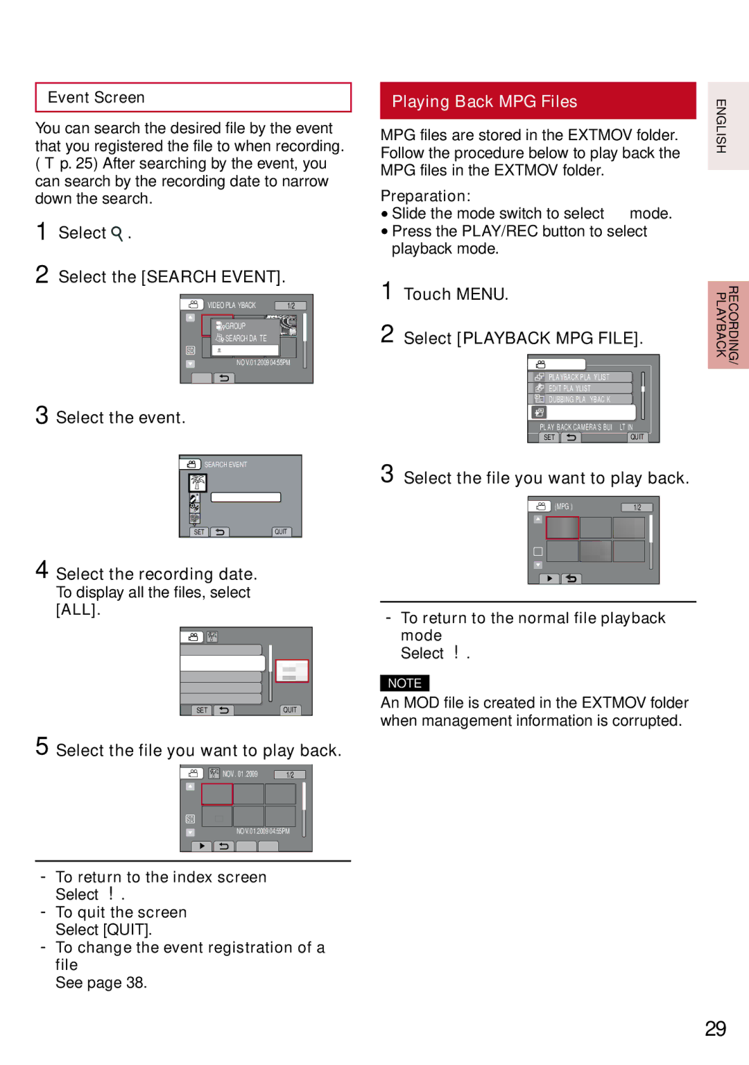 JVC GZ-MS130BU manual Select Select the Search Event, Playing Back MPG Files, Touch Menu Select Playback MPG File 