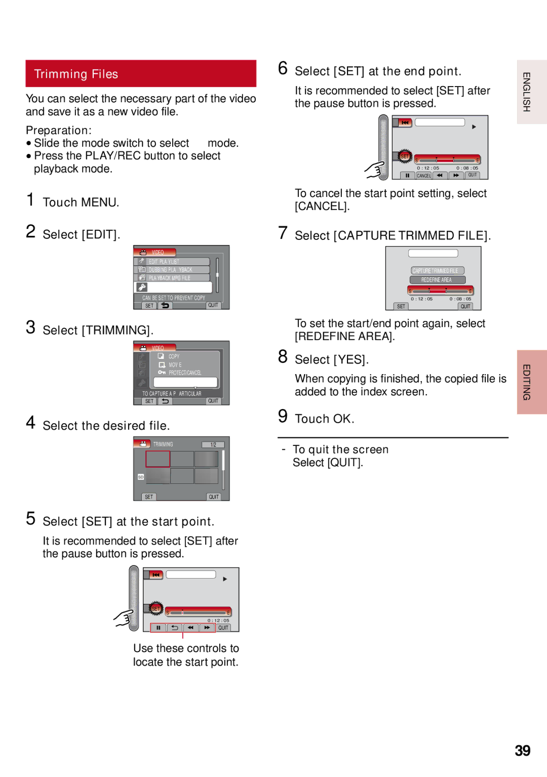 JVC GZ-MS130BU manual Trimming Files 