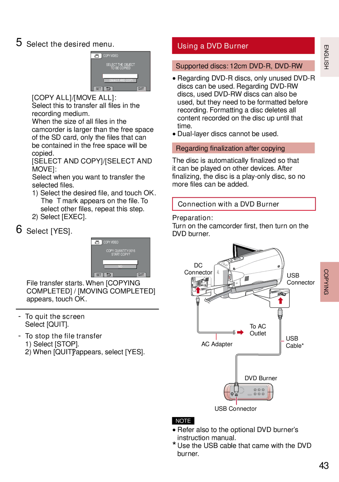 JVC GZ-MS130BU manual Using a DVD Burner, Select and COPY/SELECT and Move, Connection with a DVD Burner Preparation 