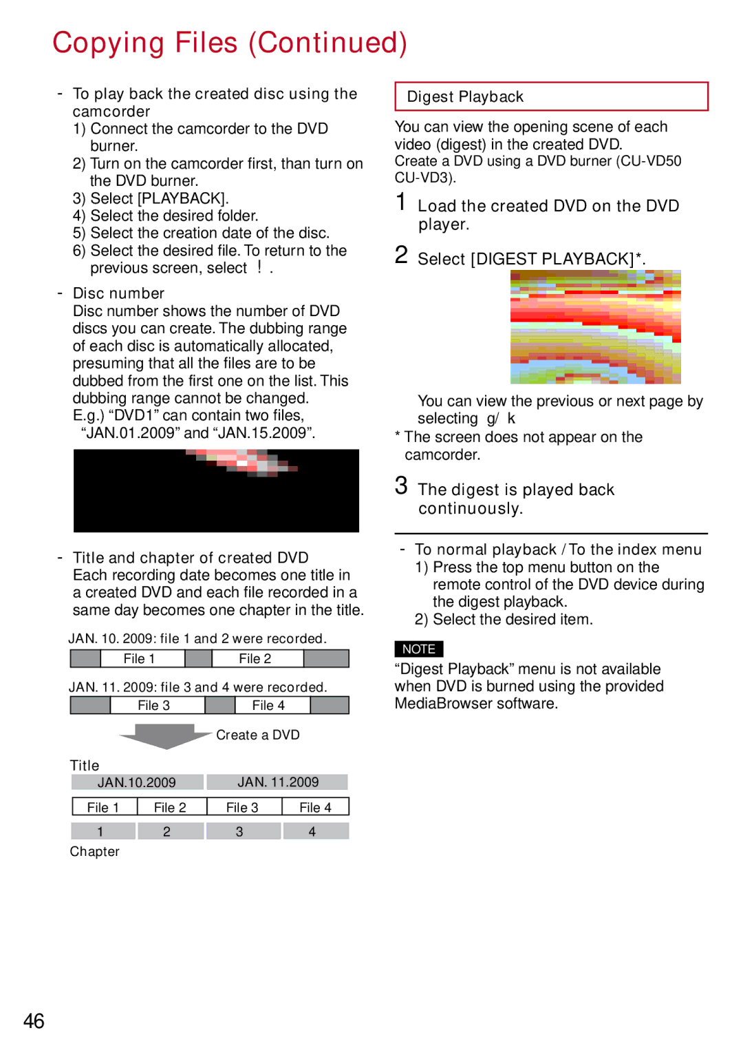 JVC GZ-MS130BU manual Digest is played back continuously, To play back the created disc using the camcorder, Disc number 