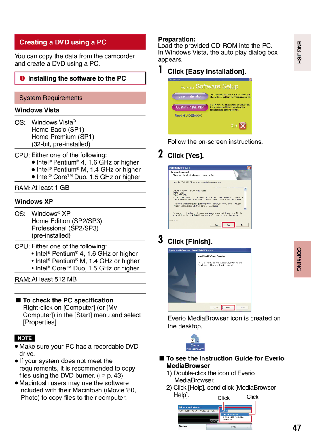 JVC GZ-MS130BU manual Creating a DVD using a PC, Click Easy Installation, Click Yes Click Finish 