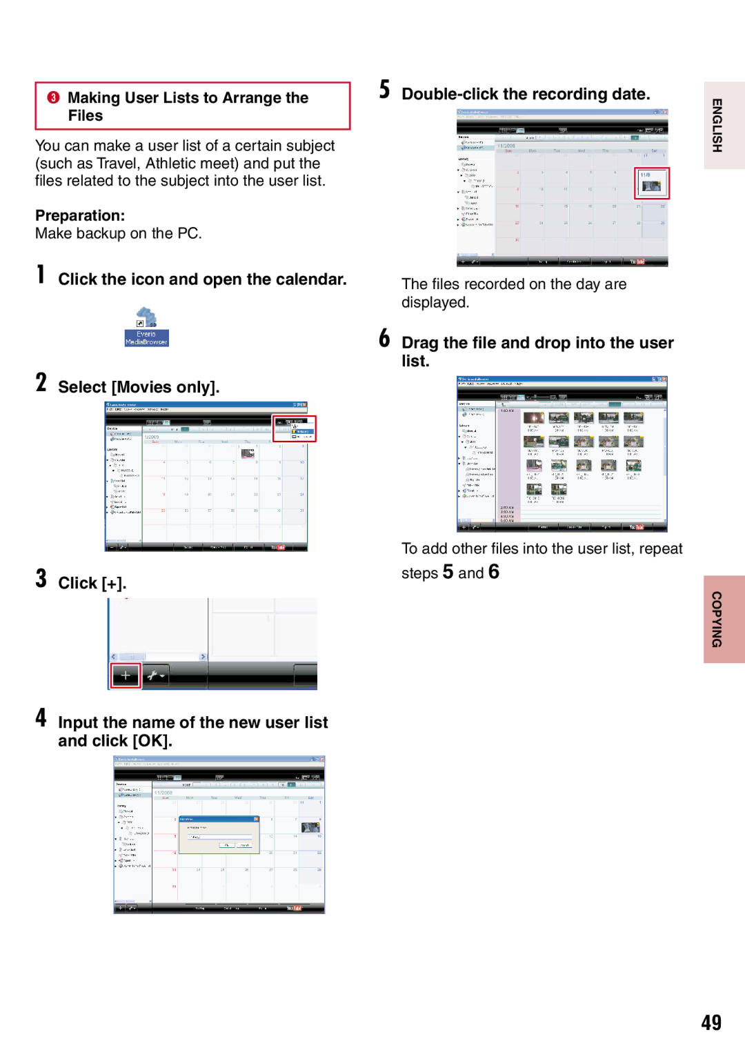 JVC GZ-MS130BU Drag the file and drop into the user list, Making User Lists to Arrange the Files, Make backup on the PC 