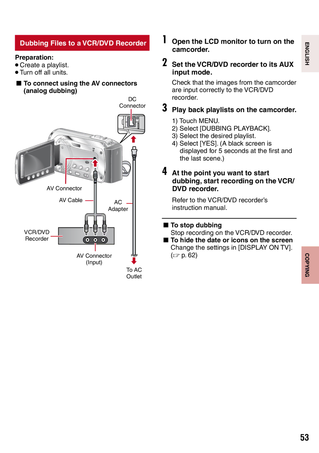 JVC GZ-MS130BU manual Dubbing Files to a VCR/DVD Recorder, Play back playlists on the camcorder, To stop dubbing 