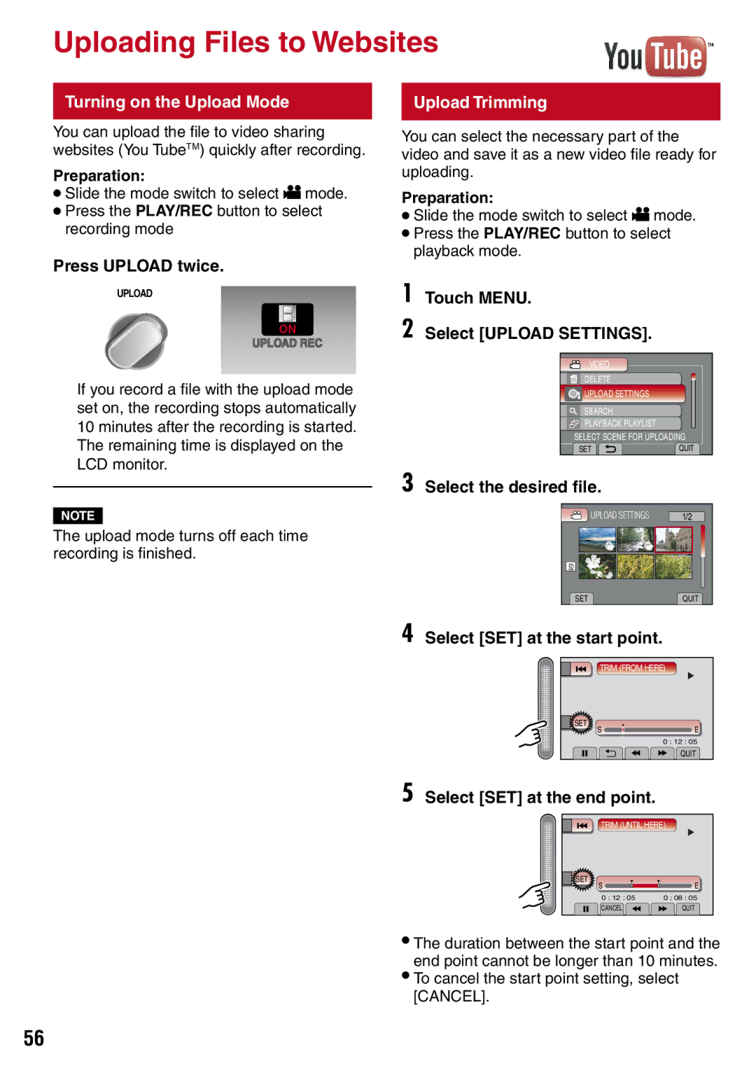 JVC GZ-MS130BU manual Uploading Files to Websites, Turning on the Upload Mode, Press Upload twice, Upload Trimming 