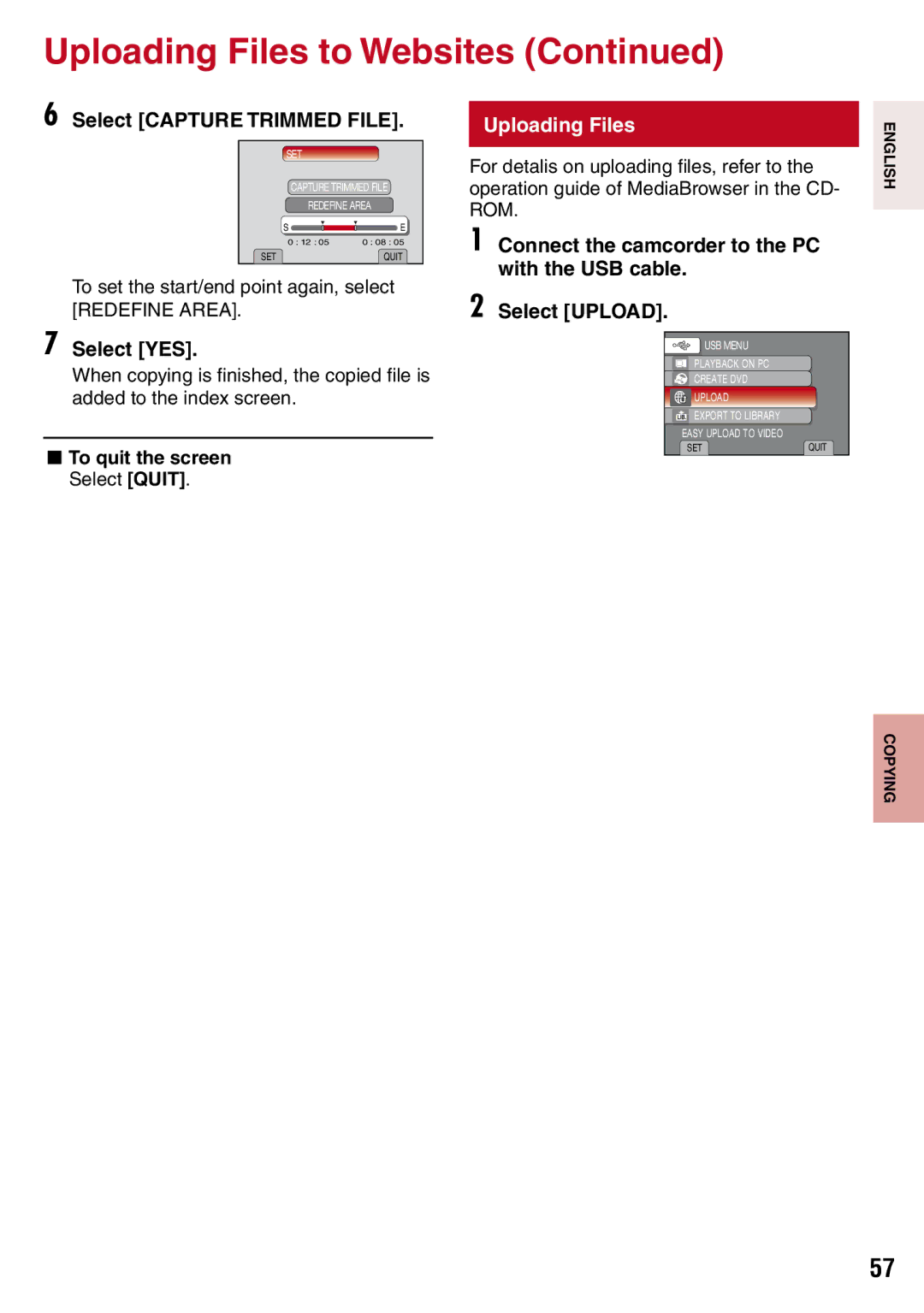 JVC GZ-MS130BU manual Select Capture Trimmed File, Uploading Files 