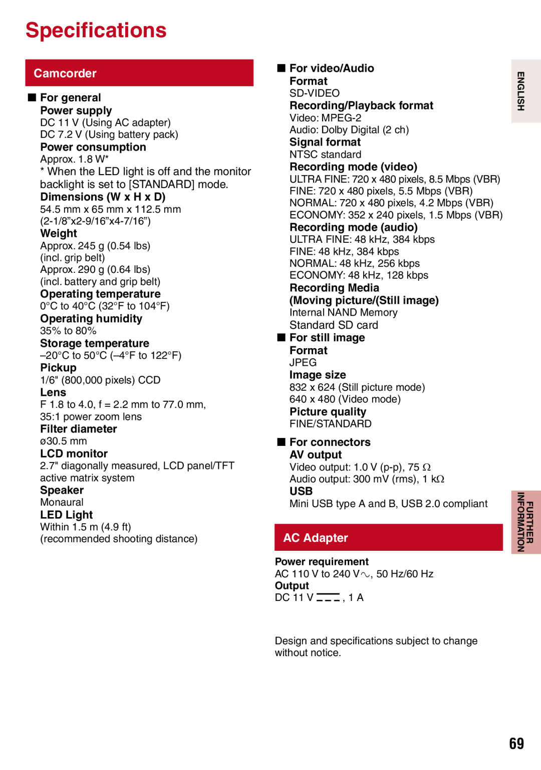 JVC GZ-MS130BU manual Specifications, AC Adapter, Usb 