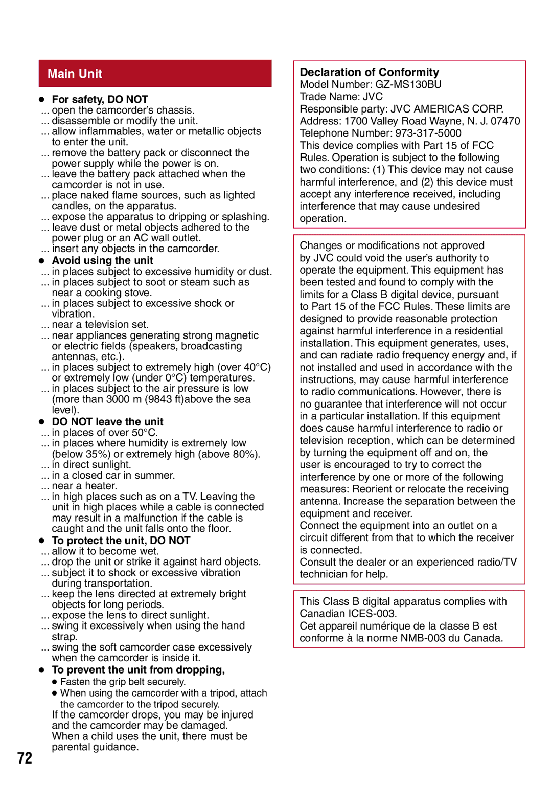 JVC GZ-MS130BU manual Main Unit, Declaration of Conformity 