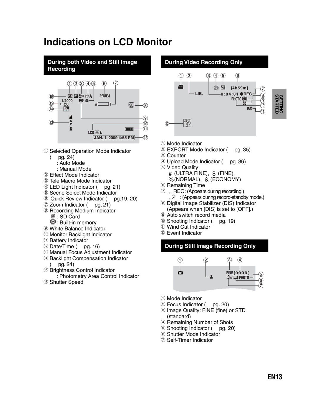 JVC GZ-MS130U instruction manual Indications on LCD Monitor, EN13, During Still Image Recording Only 