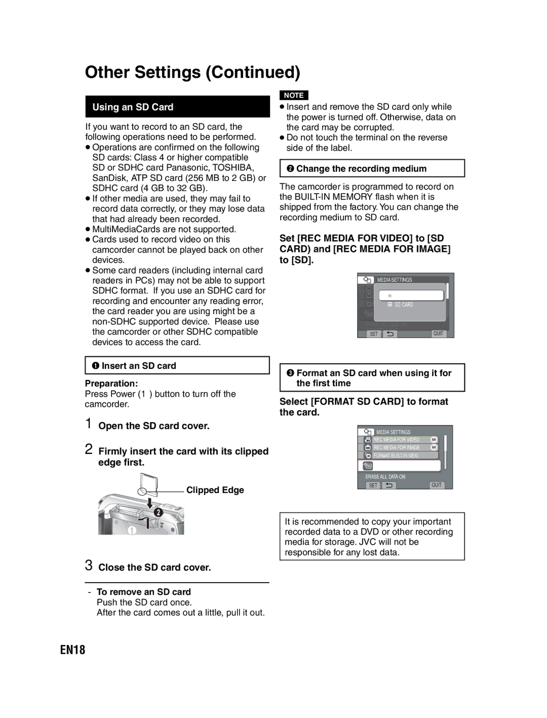 JVC GZ-MS130U instruction manual EN18, Using an SD Card, Select Format SD Card to format the card, Close the SD card cover 