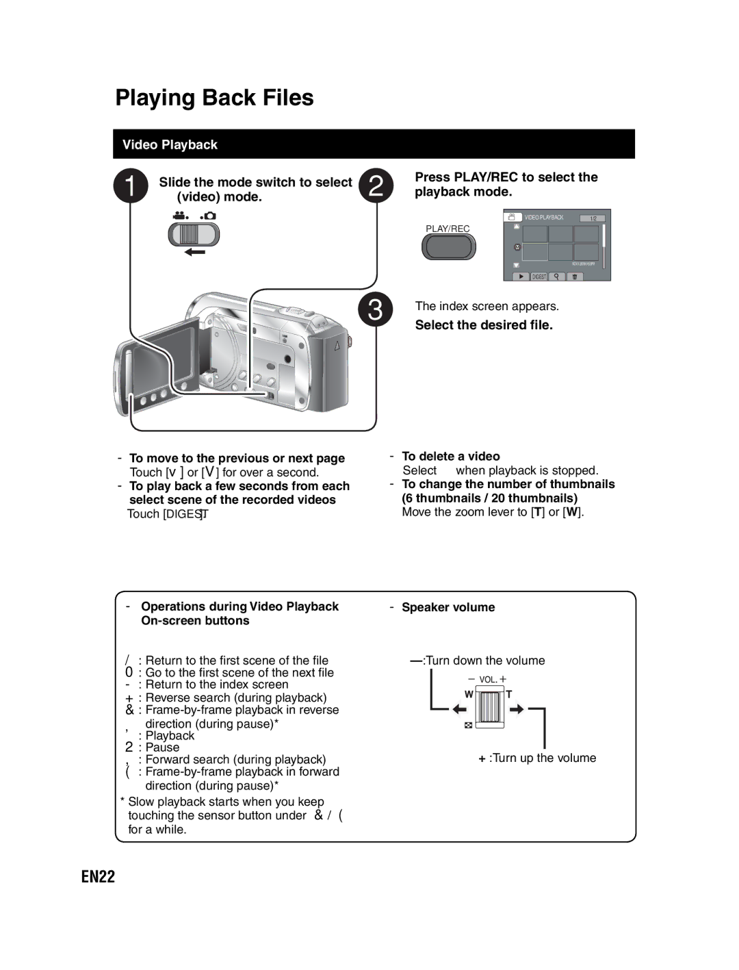 JVC GZ-MS130U instruction manual Playing Back Files, EN22, Video Playback, Press PLAY/REC to select the playback mode 