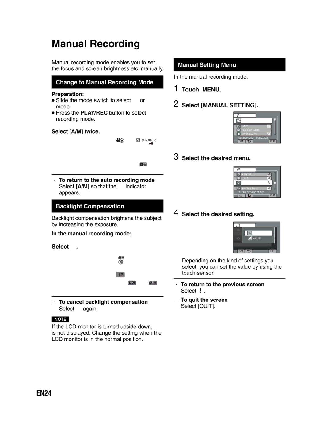 JVC GZ-MS130U instruction manual EN24, Change to Manual Recording Mode, Manual Setting Menu, Backlight Compensation 