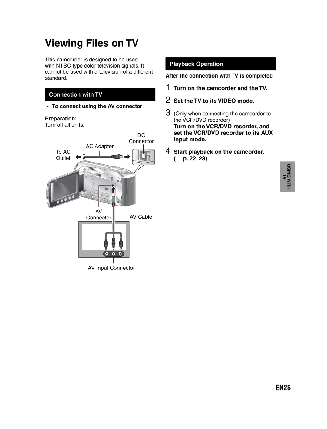 JVC GZ-MS130U instruction manual Viewing Files on TV, EN25, Connection with TV, Playback Operation 